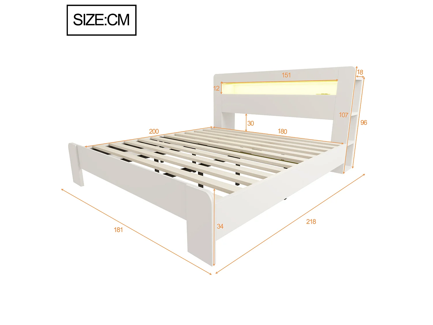 Cama de adulto de 180x200 cm con almacenamiento, iluminación LED integrada y enchufes - Cama doble de madera blanca