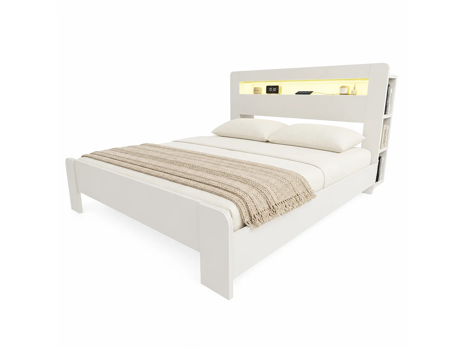 Cama de adulto de 180x200 cm con almacenamiento, iluminación LED integrada y enchufes - Cama doble de madera blanca