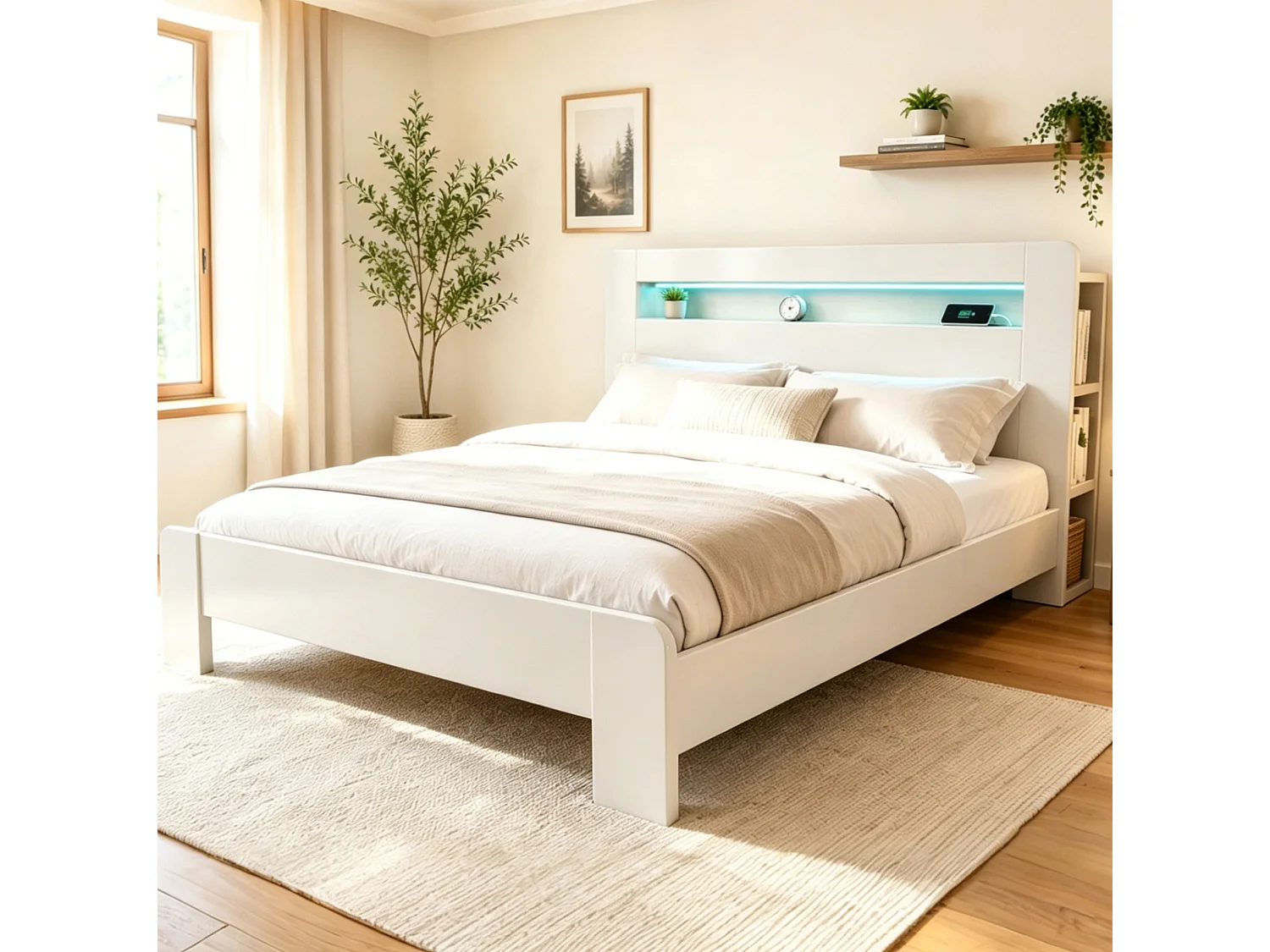 Cama de adulto de 180x200 cm con almacenamiento, iluminación LED integrada y enchufes - Cama doble de madera blanca