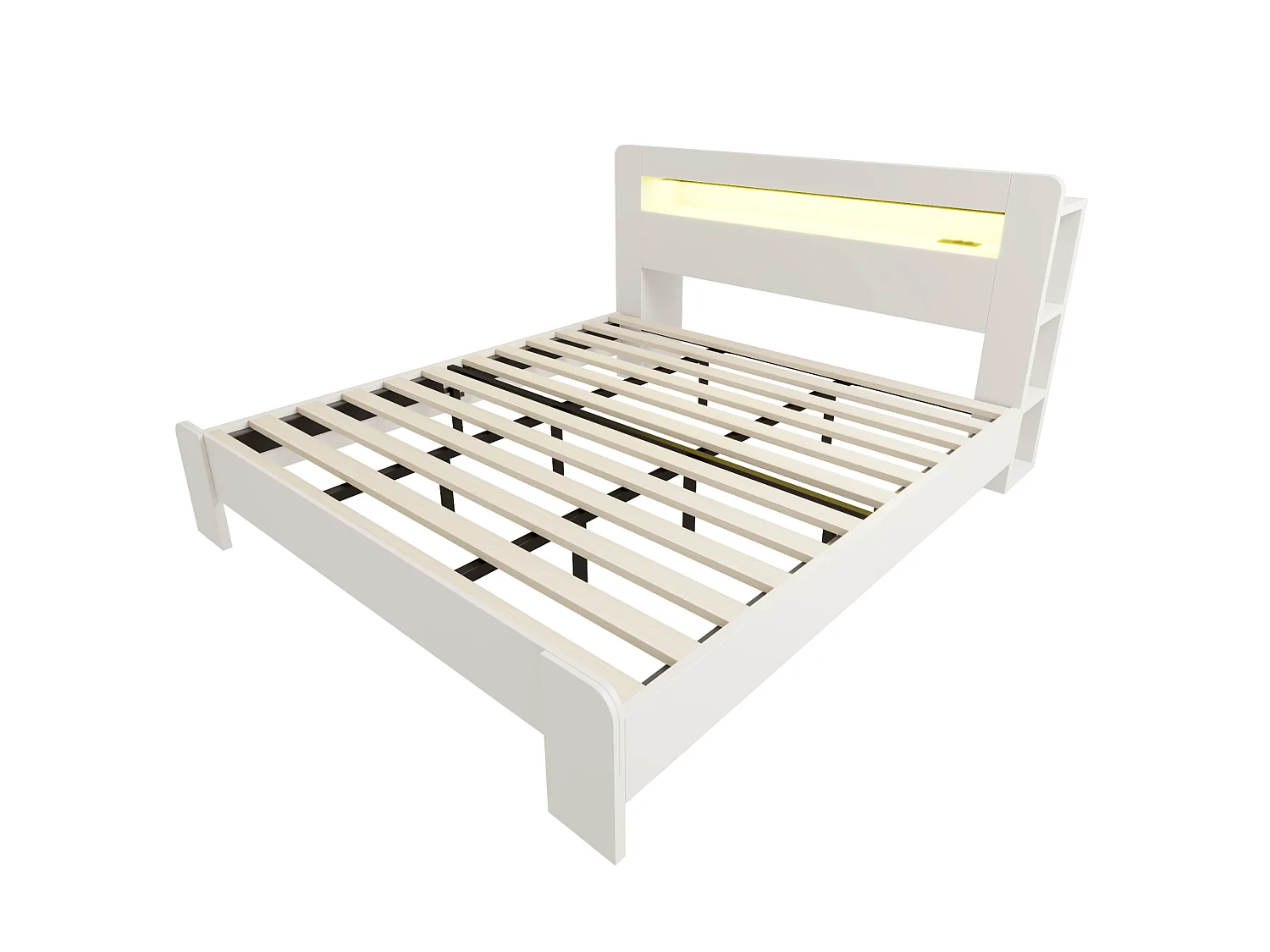 Cama de adulto de 180x200 cm con almacenamiento, iluminación LED integrada y enchufes - Cama doble de madera blanca