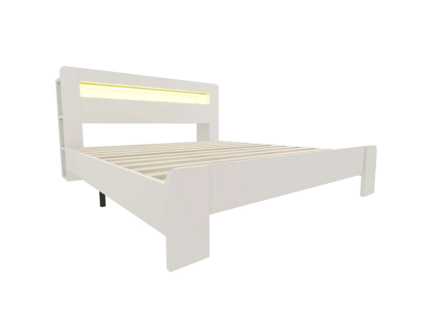 Cama de adulto de 180x200 cm con almacenamiento, iluminación LED integrada y enchufes - Cama doble de madera blanca