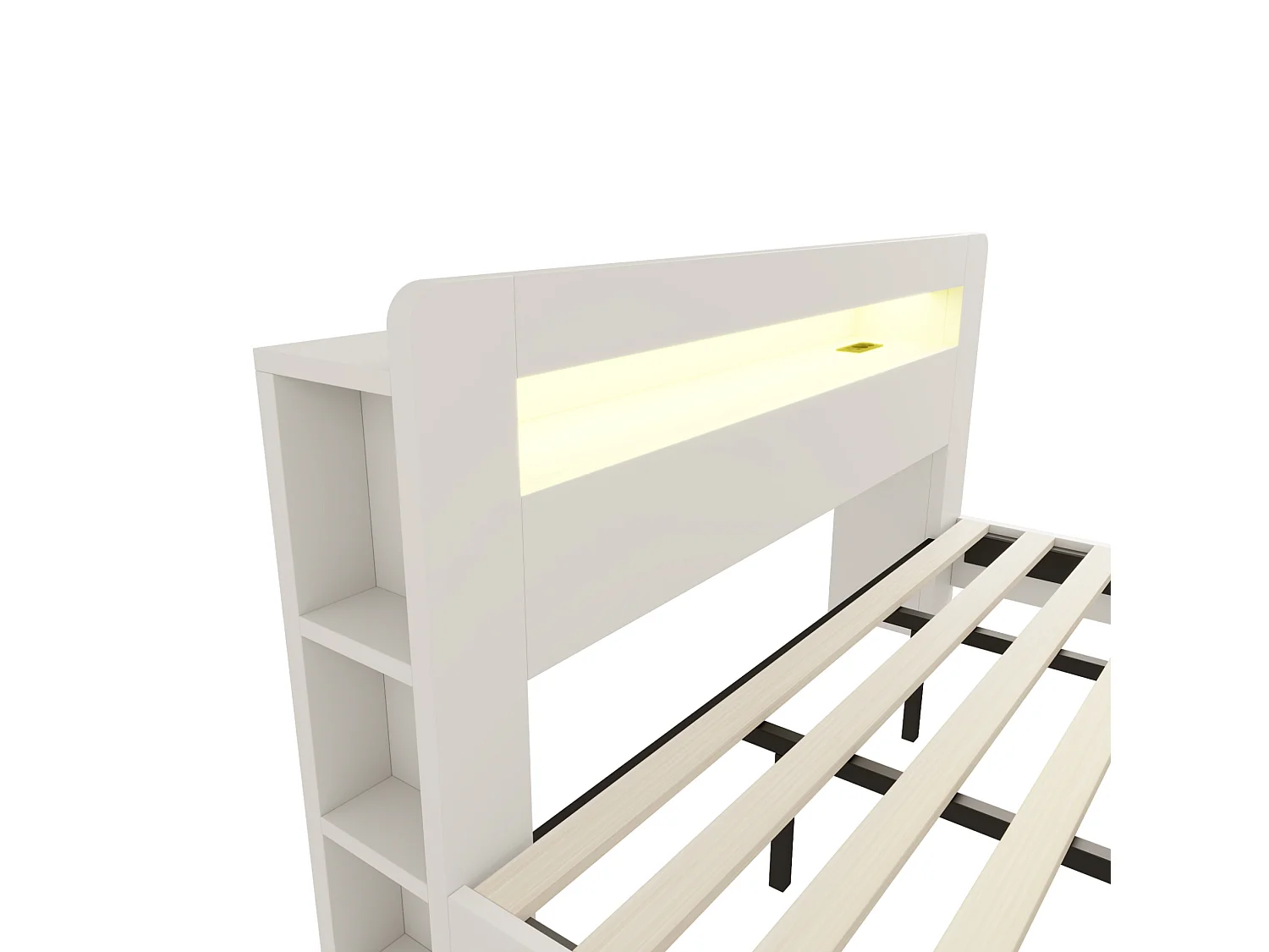 Cama de adulto de 180x200 cm con almacenamiento, iluminación LED integrada y enchufes - Cama doble de madera blanca