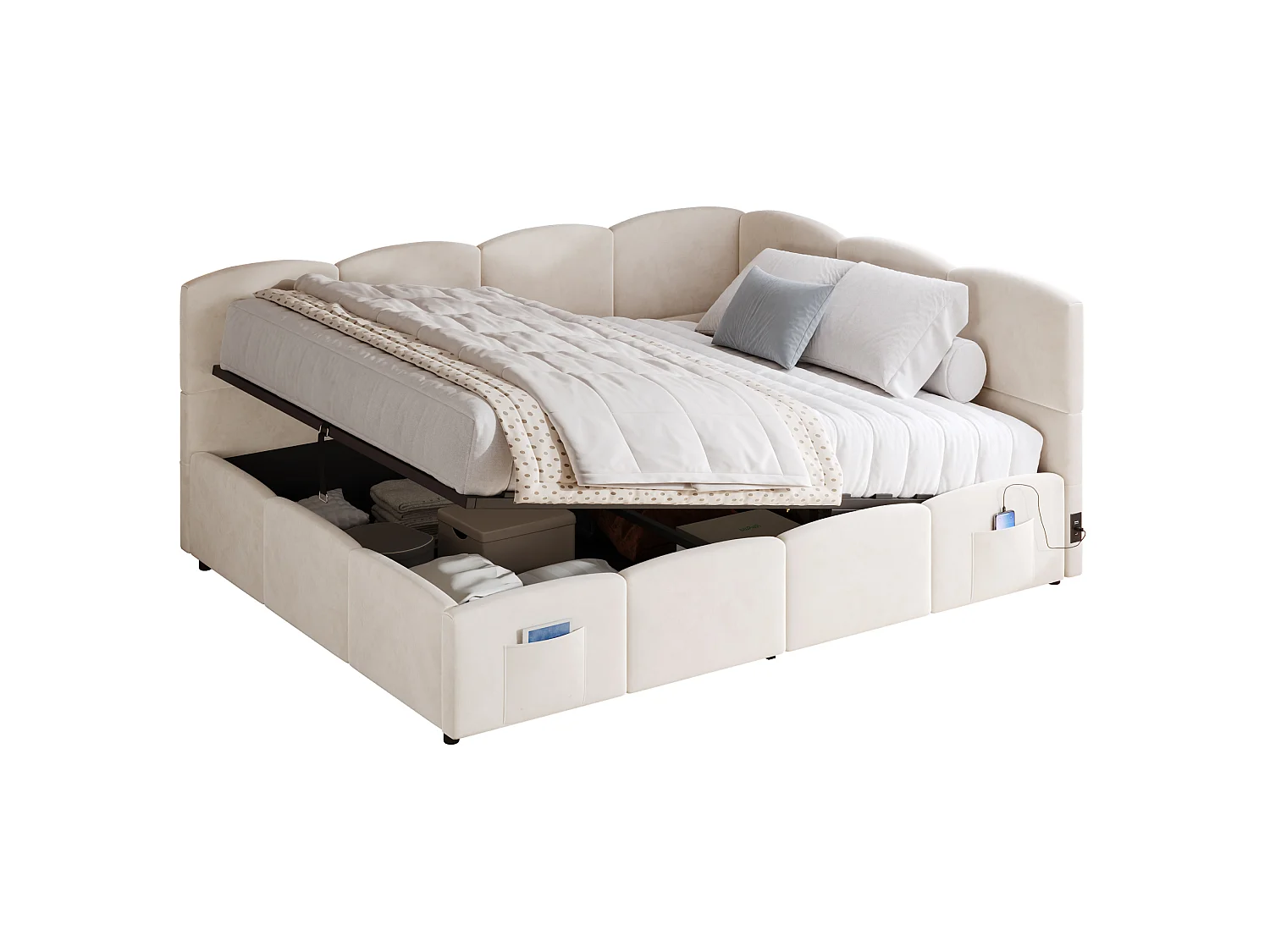 Lit coffre adulte 140x200 cm avec chargeur USB - Lit enfant en velours beige