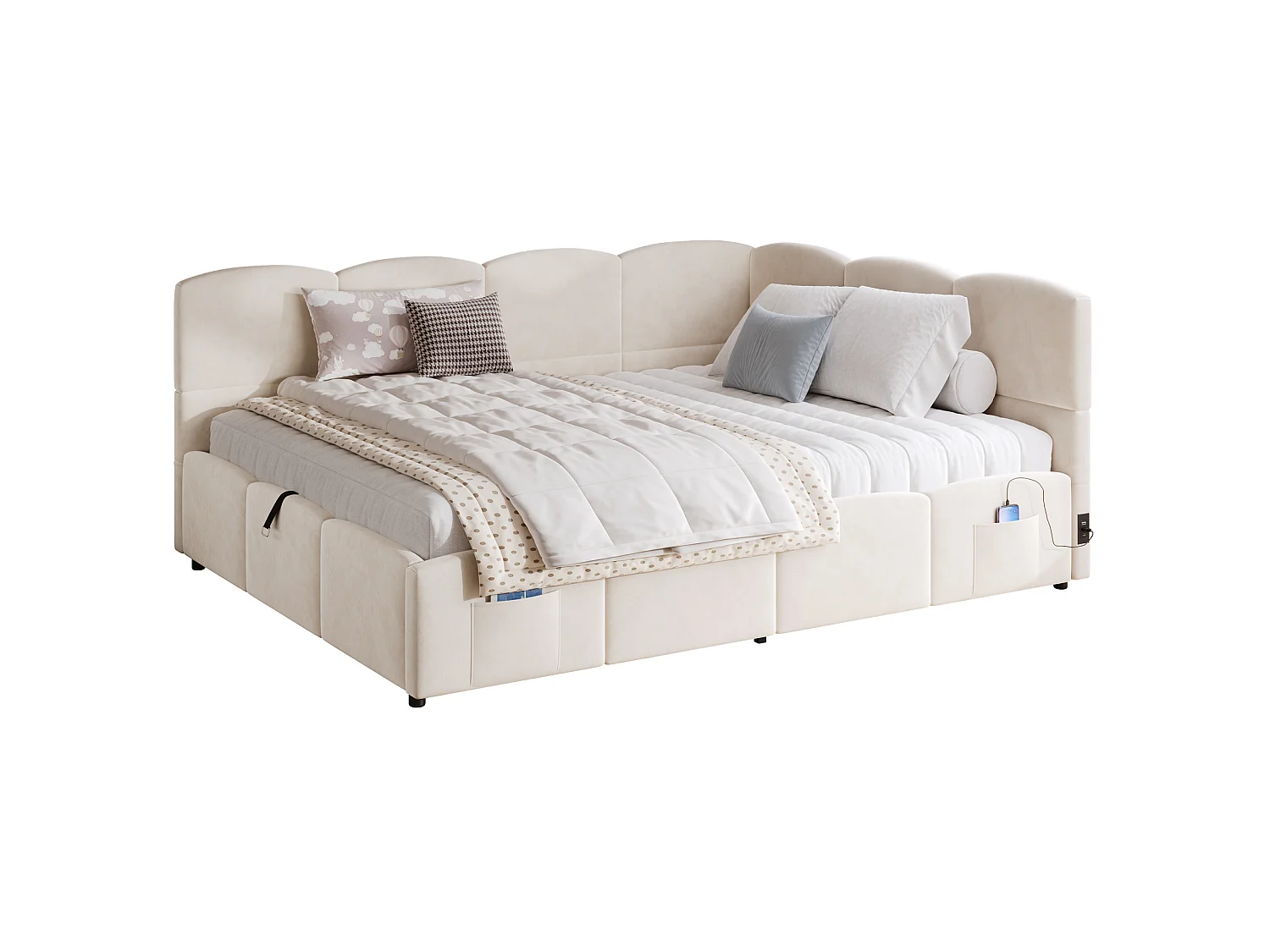 Lit coffre adulte 140x200 cm avec chargeur USB - Lit enfant en velours beige