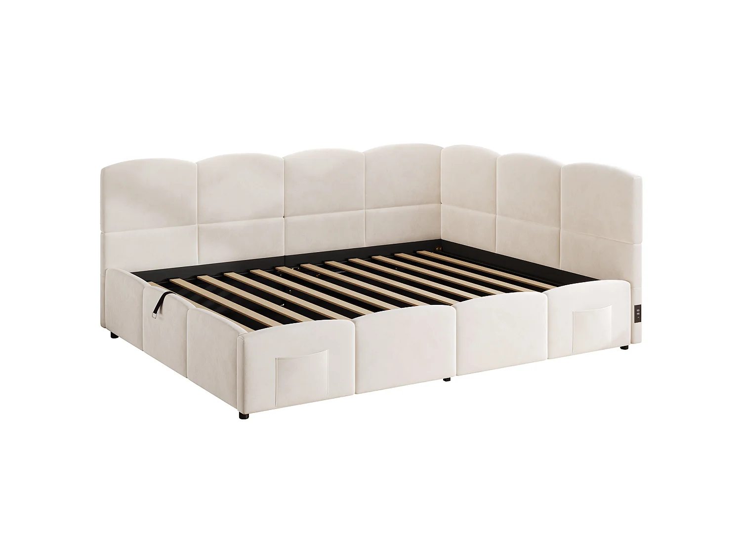 Lit coffre adulte 140x200 cm avec chargeur USB - Lit enfant en velours beige