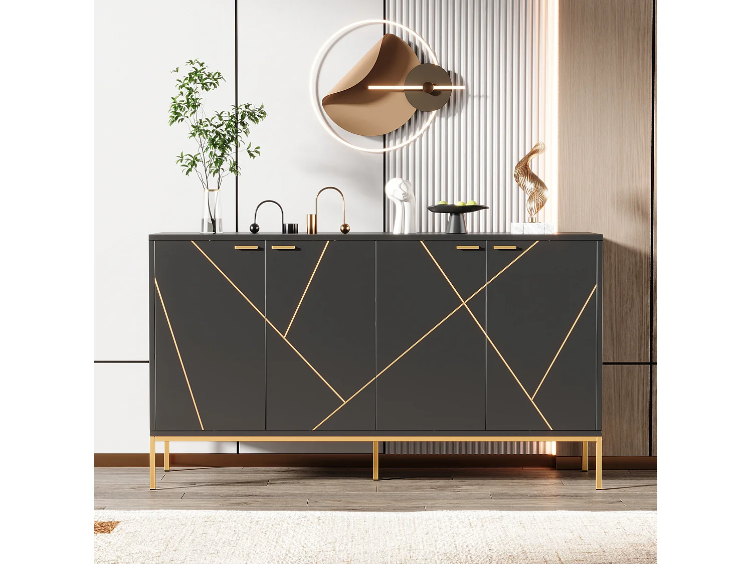 Buffet à 4 portes et pieds en métal - Design linéaire - Noir et doré 150 x 40 x 80 cm
