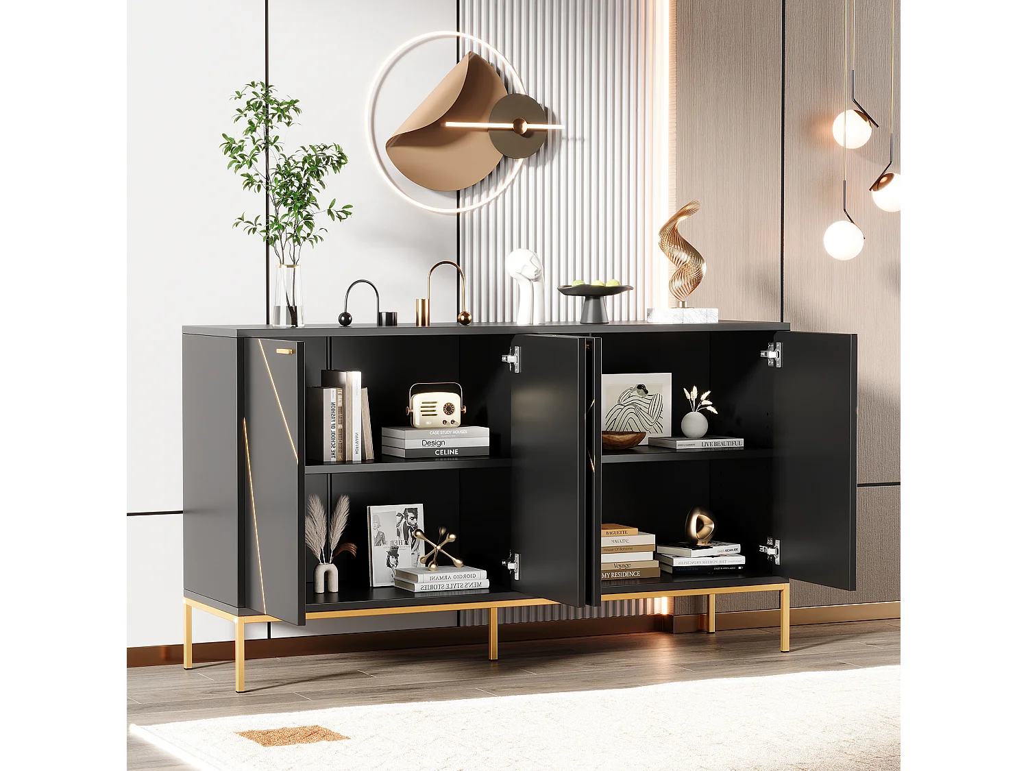Buffet à 4 portes et pieds en métal - Design linéaire - Noir et doré 150 x 40 x 80 cm