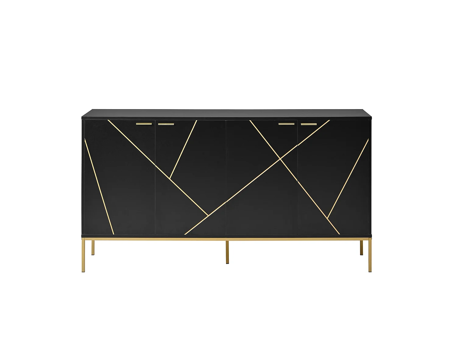 Buffet à 4 portes et pieds en métal - Design linéaire - Noir et doré 150 x 40 x 80 cm