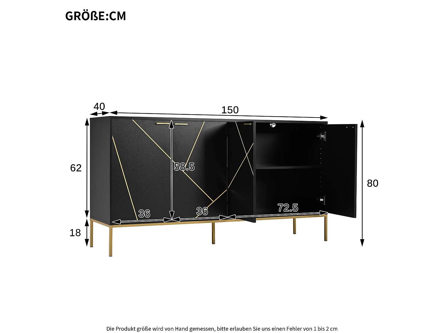 Buffet à 4 portes et pieds en métal - Design linéaire - Noir et doré 150 x 40 x 80 cm