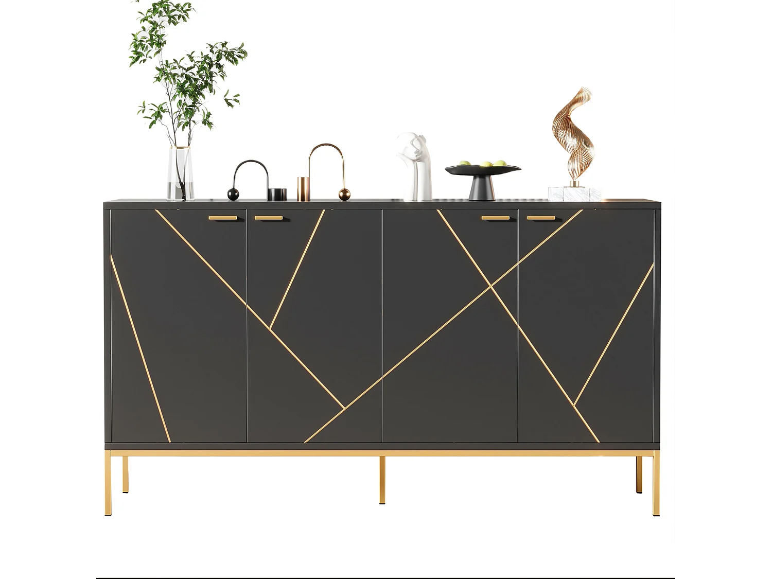 Buffet à 4 portes et pieds en métal - Design linéaire - Noir et doré 150 x 40 x 80 cm