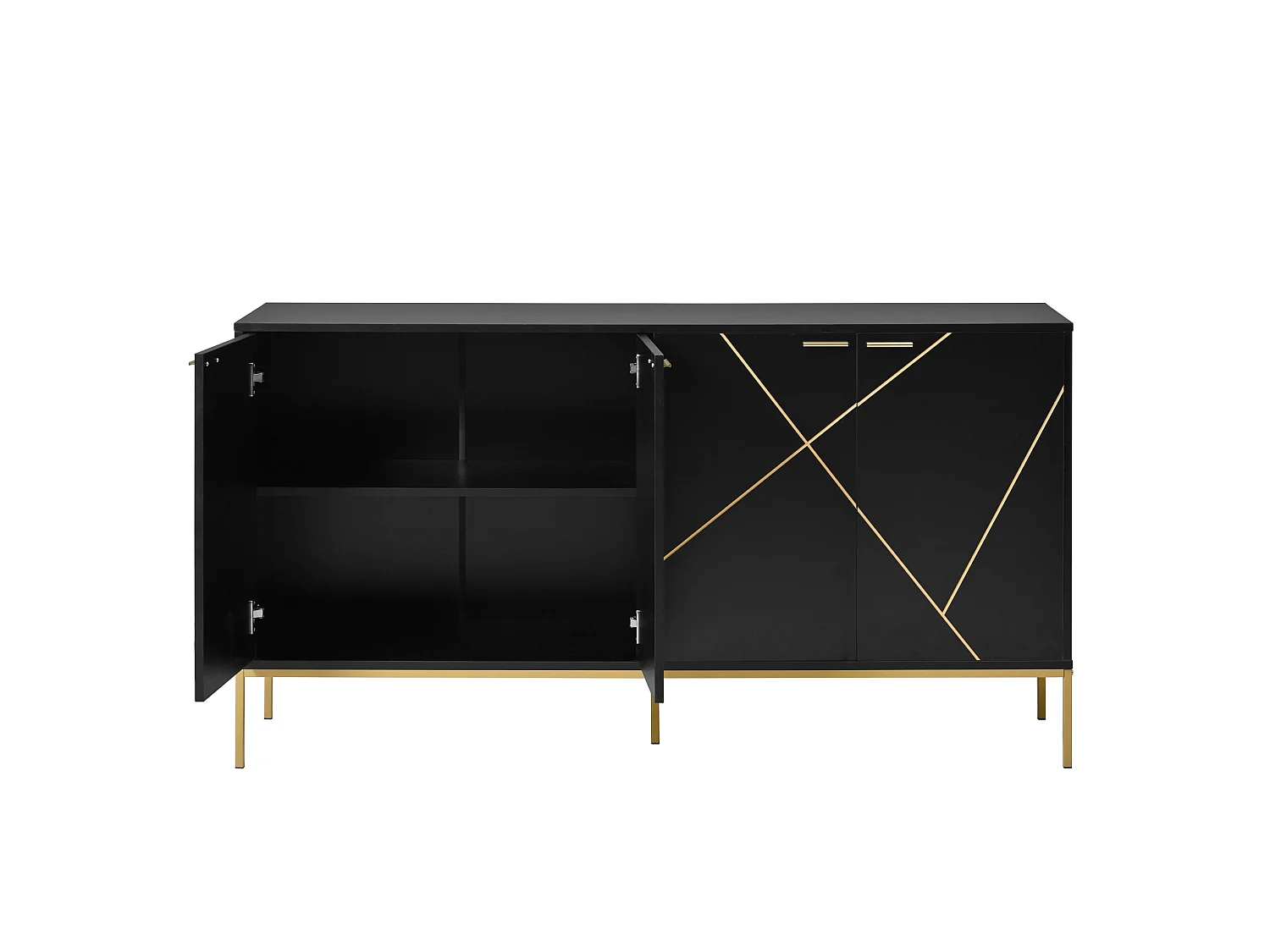 Buffet à 4 portes et pieds en métal - Design linéaire - Noir et doré 150 x 40 x 80 cm