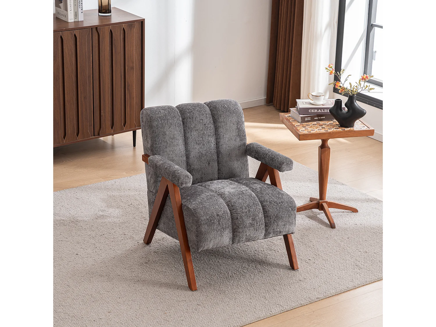 Fauteuil en tissu bouclé avec accoudoirs - Cadre en bois - Gris