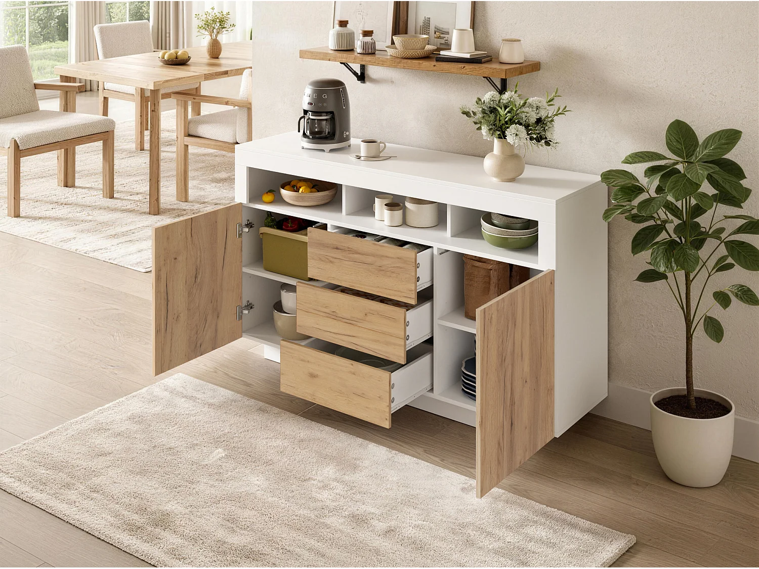 Buffet avec 3 tiroirs et 2 portes - Bois naturel et blanc 140 × 40 × 85 cm