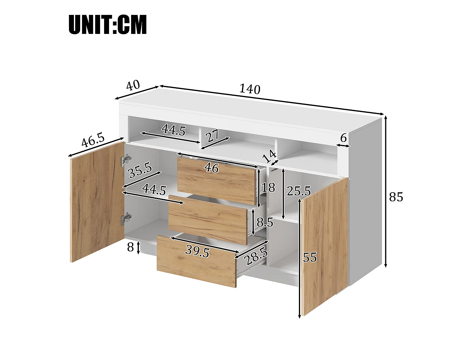 Buffet avec 3 tiroirs et 2 portes - Bois naturel et blanc 140 × 40 × 85 cm
