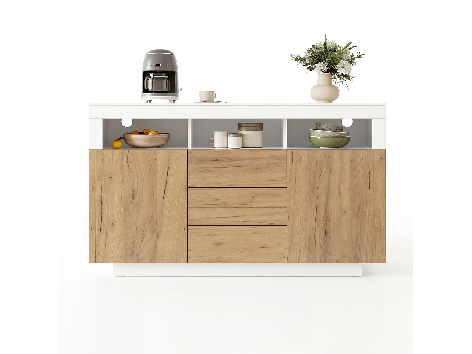 Buffet avec 3 tiroirs et 2 portes - Bois naturel et blanc 140 × 40 × 85 cm