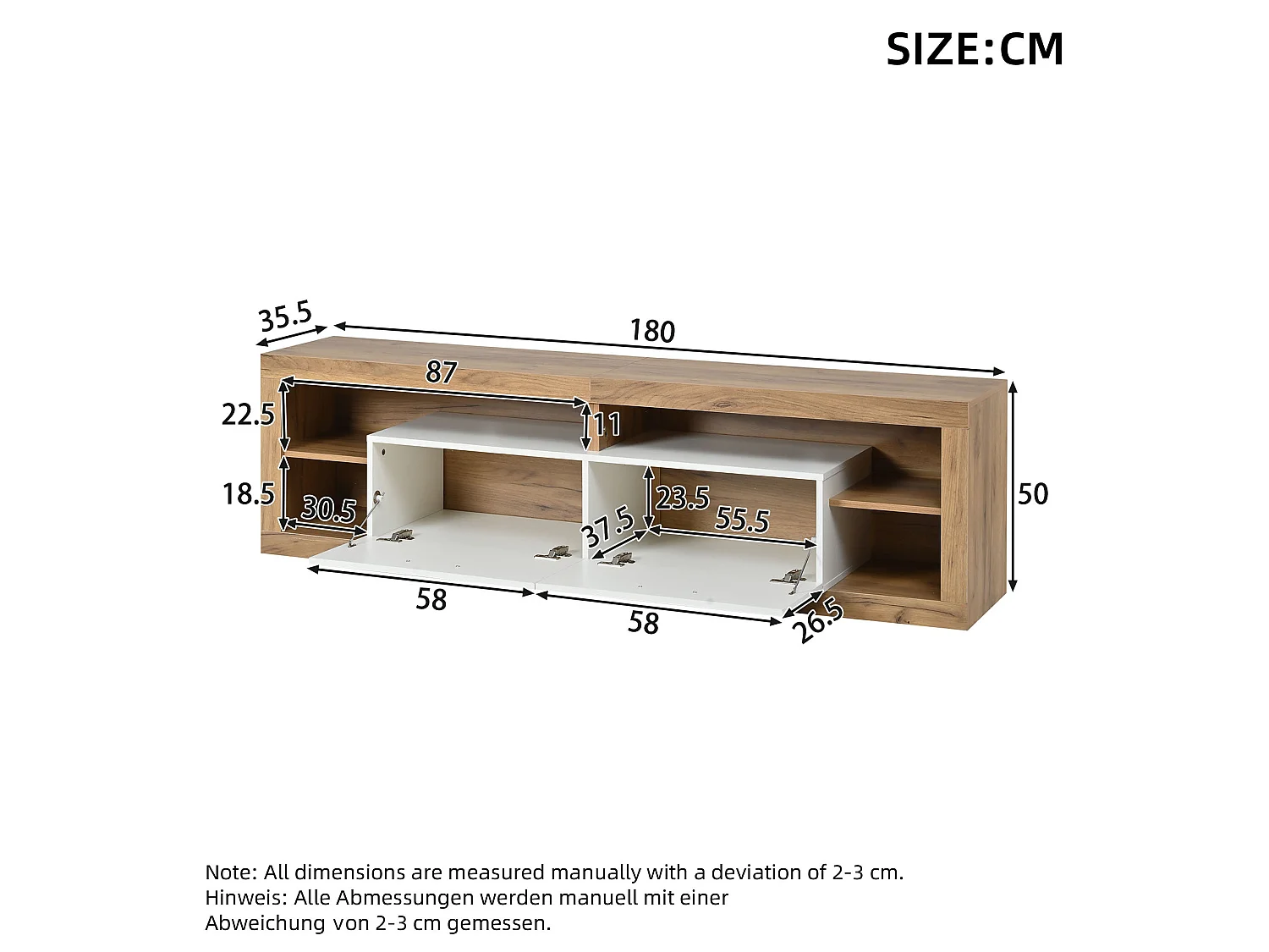 TV-bänk 180 x 35,5 x 50 cm med LED, 2 dörrar och 4 fack – Spånskiva – Naturträ och vit