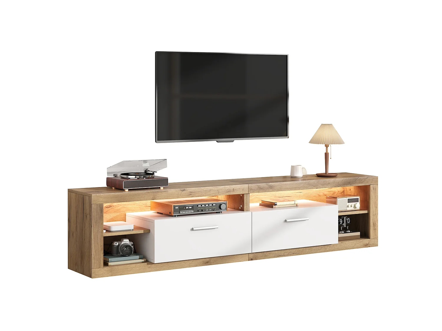 TV-bänk 180 x 35,5 x 50 cm med LED, 2 dörrar och 4 fack – Spånskiva – Naturträ och vit