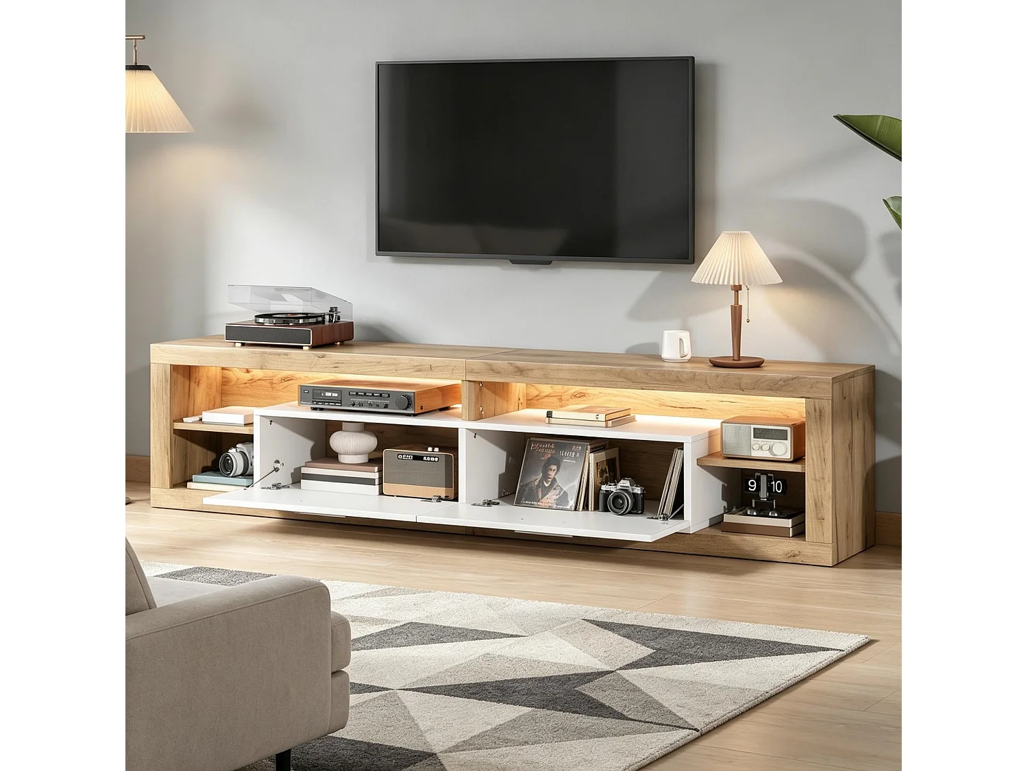 TV-bänk 180 x 35,5 x 50 cm med LED, 2 dörrar och 4 fack – Spånskiva – Naturträ och vit