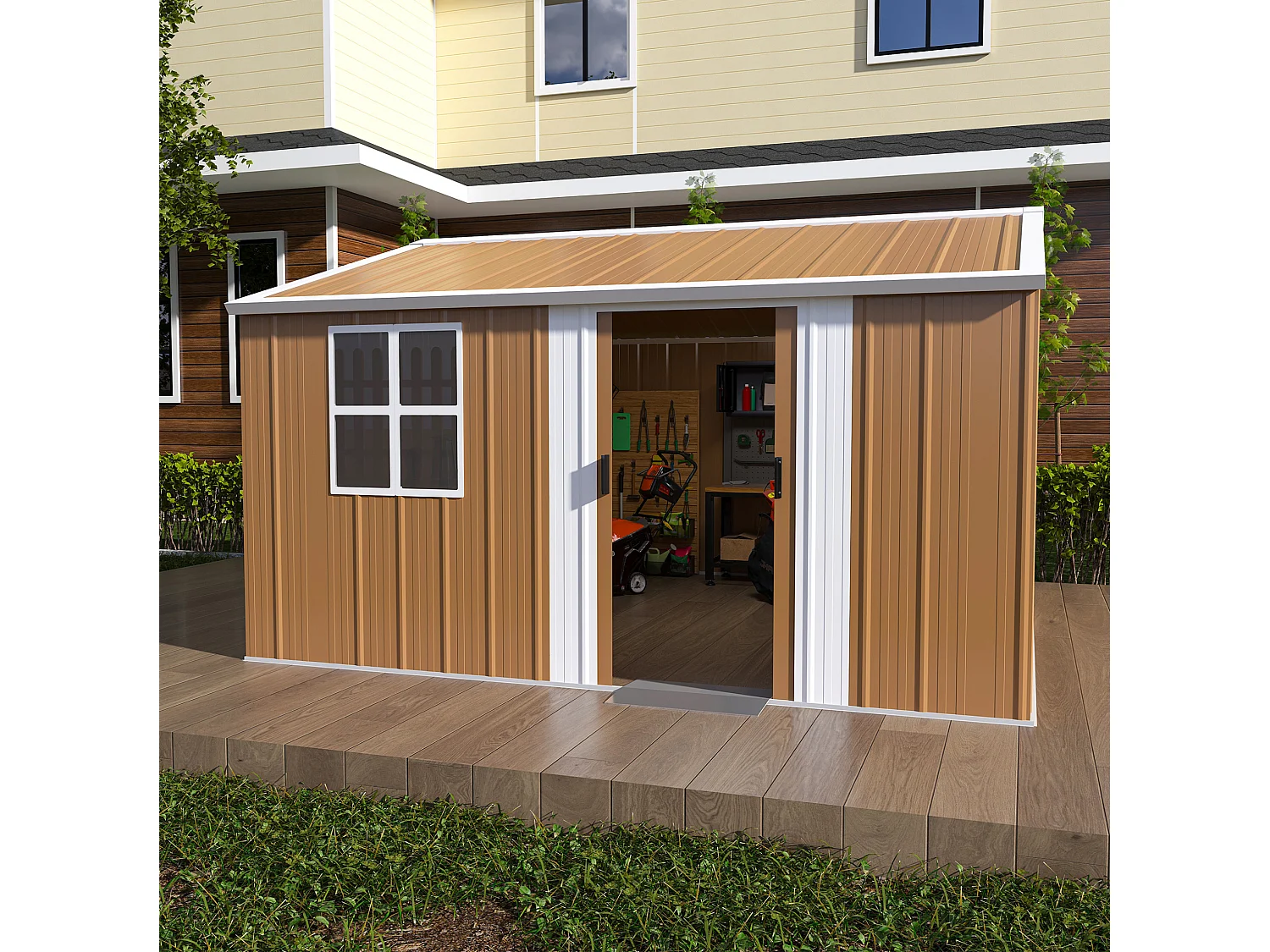 Abri de jardin en acier 10,7 m² avec 2 porte et ventilation - Sans plancher – Marron