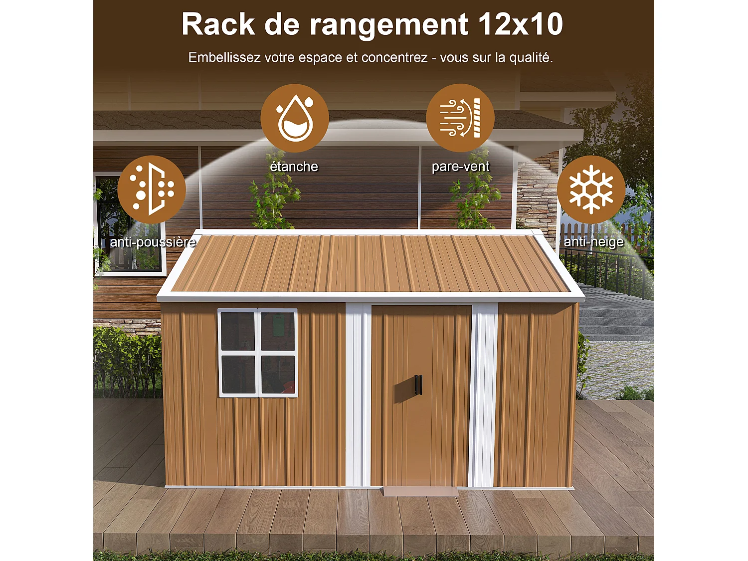 Abri de jardin en acier 10,7 m² avec 2 porte et ventilation - Sans plancher – Marron