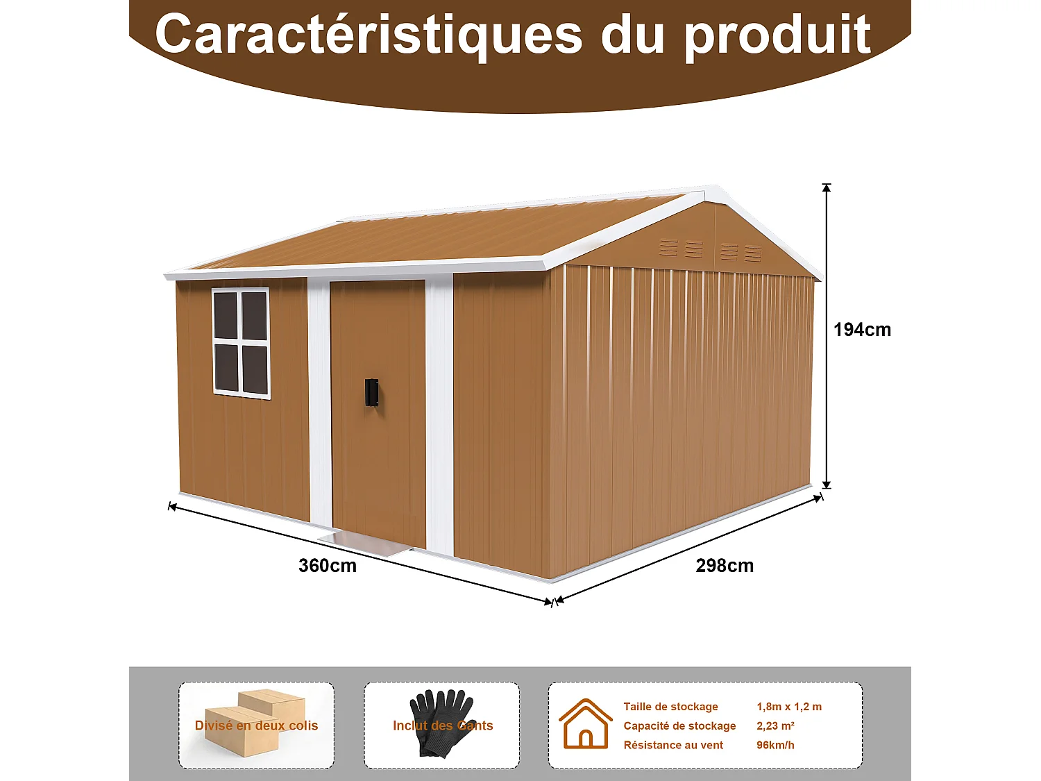 Abri de jardin en acier 10,7 m² avec 2 porte et ventilation - Sans plancher – Marron