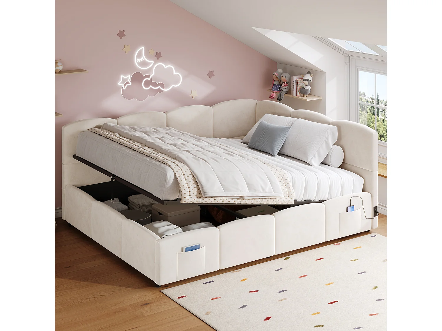 Lit coffre adulte 140x190 cm avec chargeur USB - Lit enfant en velours beige
