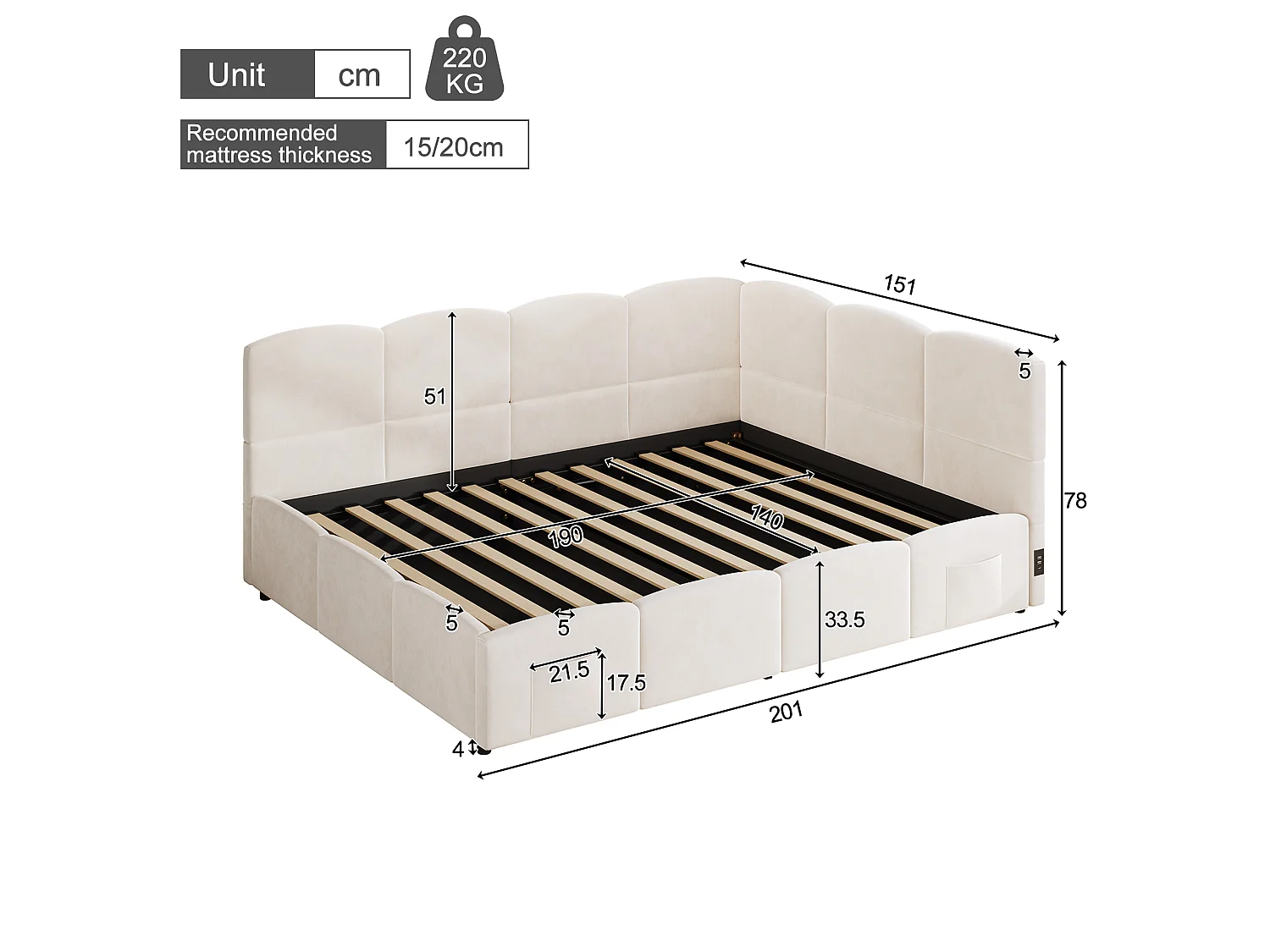 Lit coffre adulte 140x190 cm avec chargeur USB - Lit enfant en velours beige