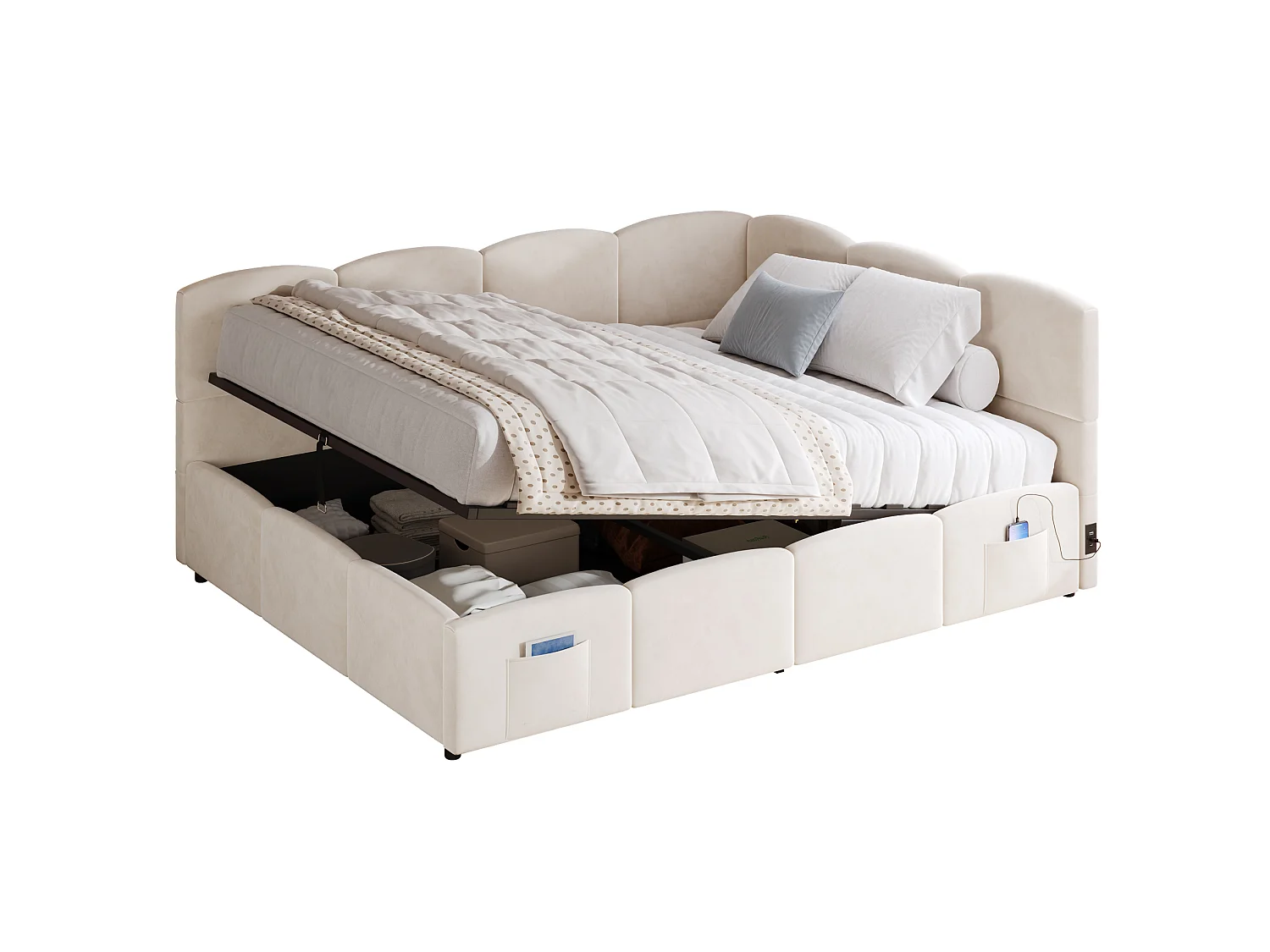 Lit coffre adulte 140x190 cm avec chargeur USB - Lit enfant en velours beige
