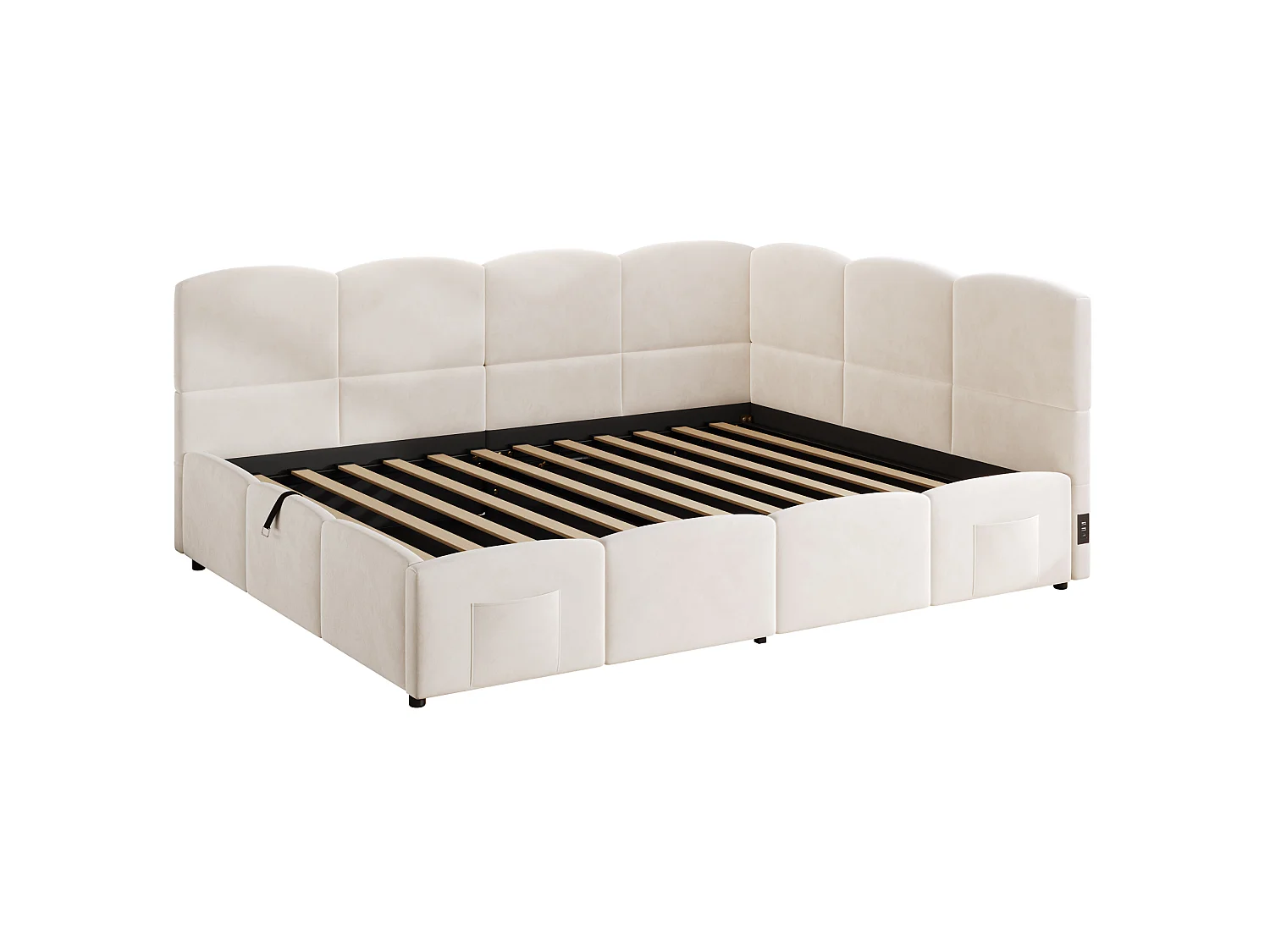 Lit coffre adulte 140x190 cm avec chargeur USB - Lit enfant en velours beige