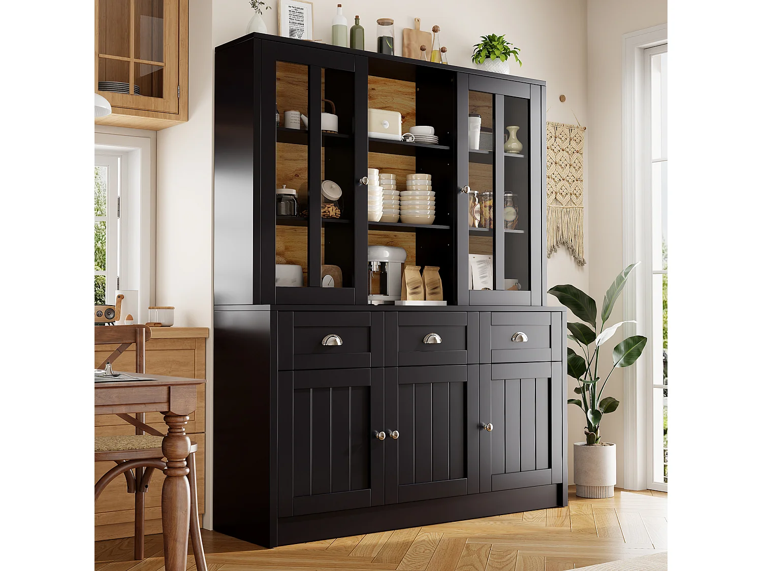 Buffet de cuisine 140 x 40 x 175 cm noir avec 3 tiroirs et 5 portes - MDF et acrylique
