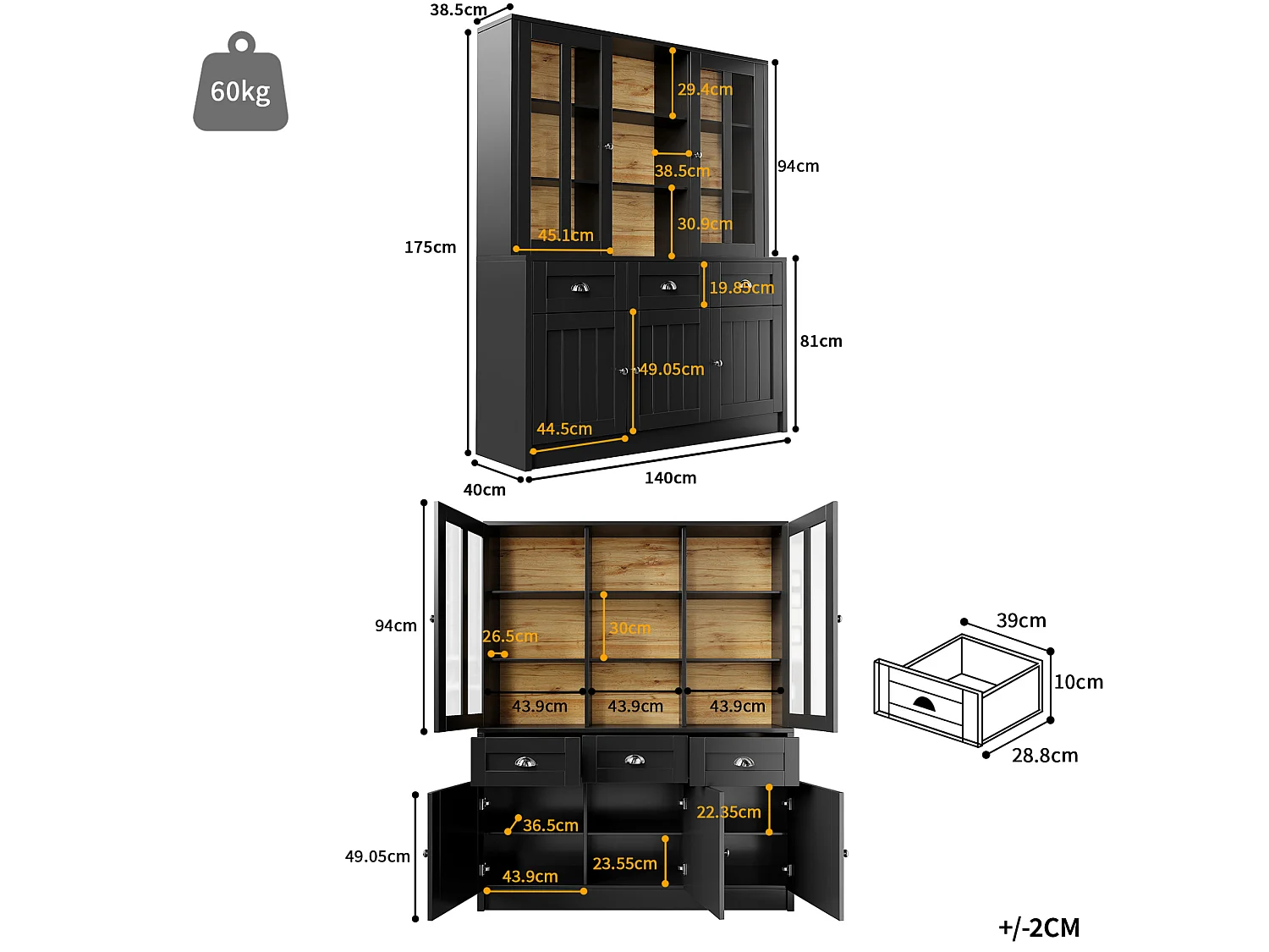 Buffet de cuisine 140 x 40 x 175 cm noir avec 3 tiroirs et 5 portes - MDF et acrylique