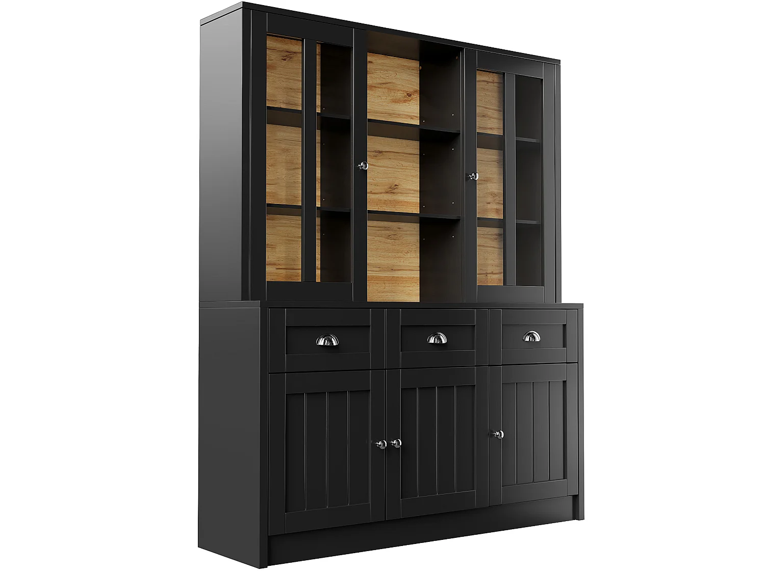 Buffet de cuisine 140 x 40 x 175 cm noir avec 3 tiroirs et 5 portes - MDF et acrylique