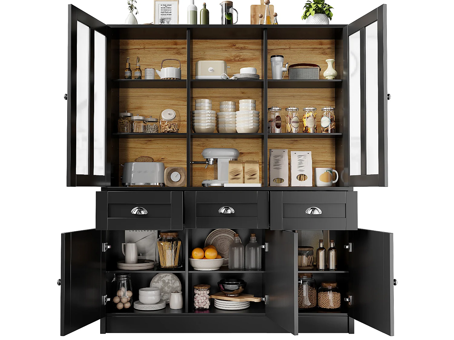 Buffet de cuisine 140 x 40 x 175 cm noir avec 3 tiroirs et 5 portes - MDF et acrylique