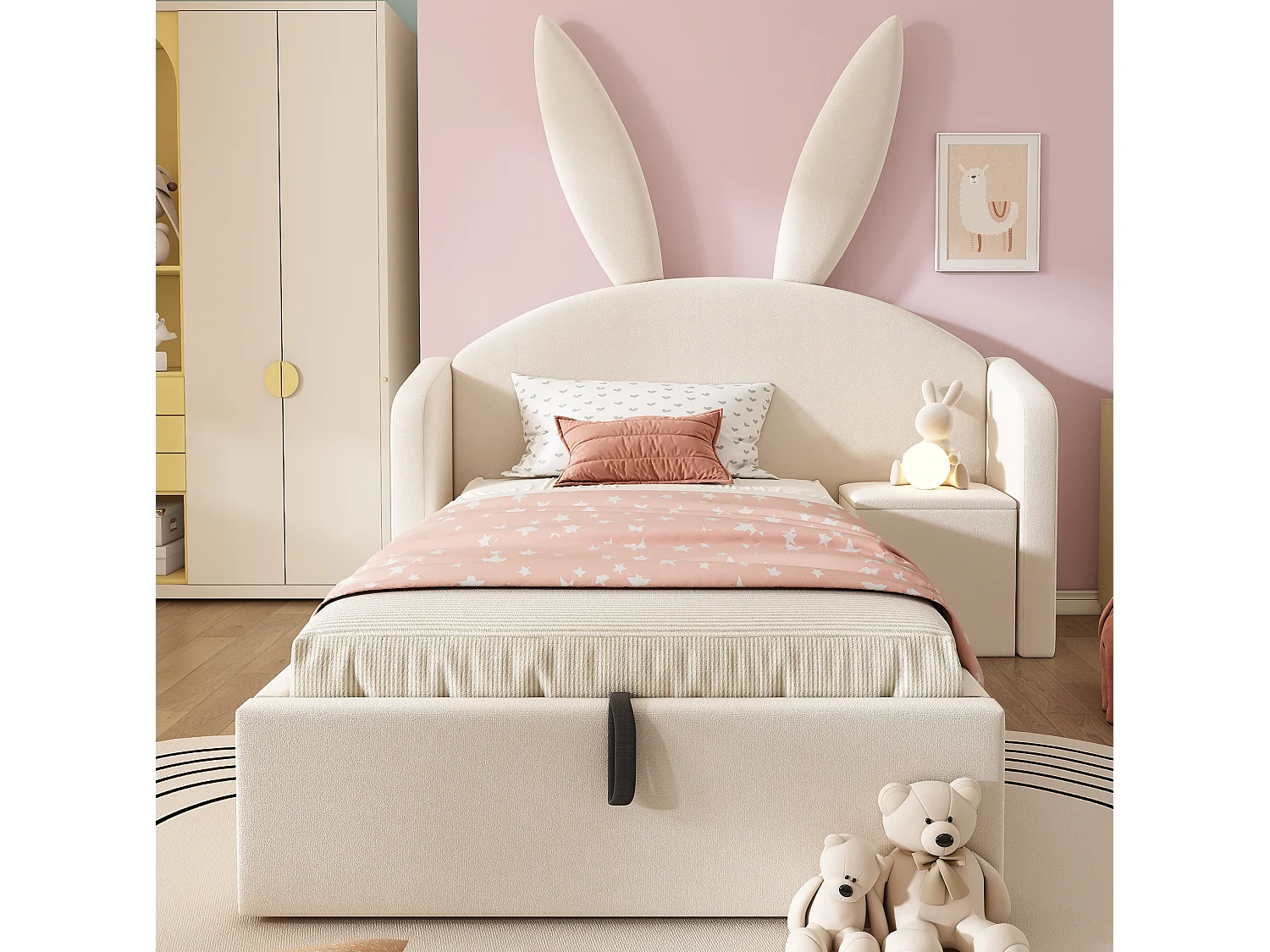 Lit coffre enfant 90x190 cm avec table de chevet - Tête de lit oreilles de lapin - Velours beige