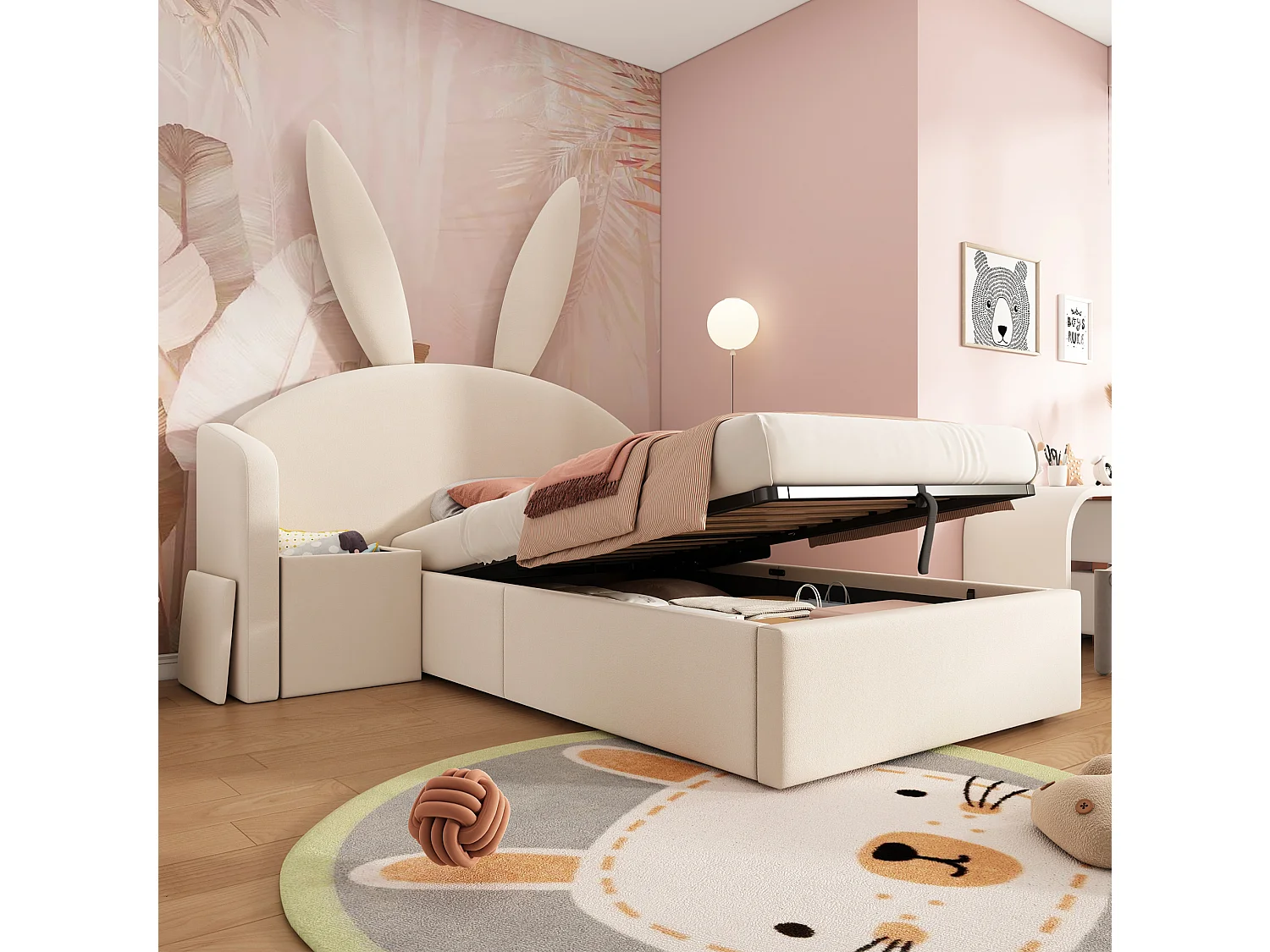 Lit coffre enfant 90x190 cm avec table de chevet - Tête de lit oreilles de lapin - Velours beige