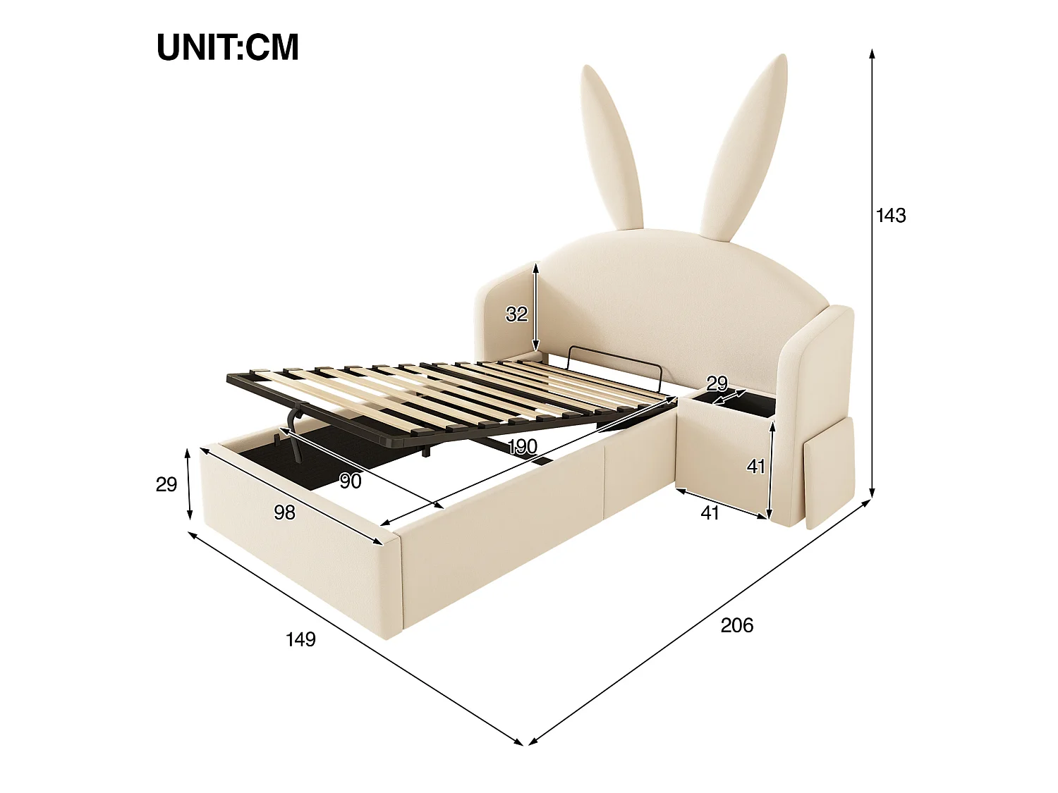 Lit coffre enfant 90x190 cm avec table de chevet - Tête de lit oreilles de lapin - Velours beige