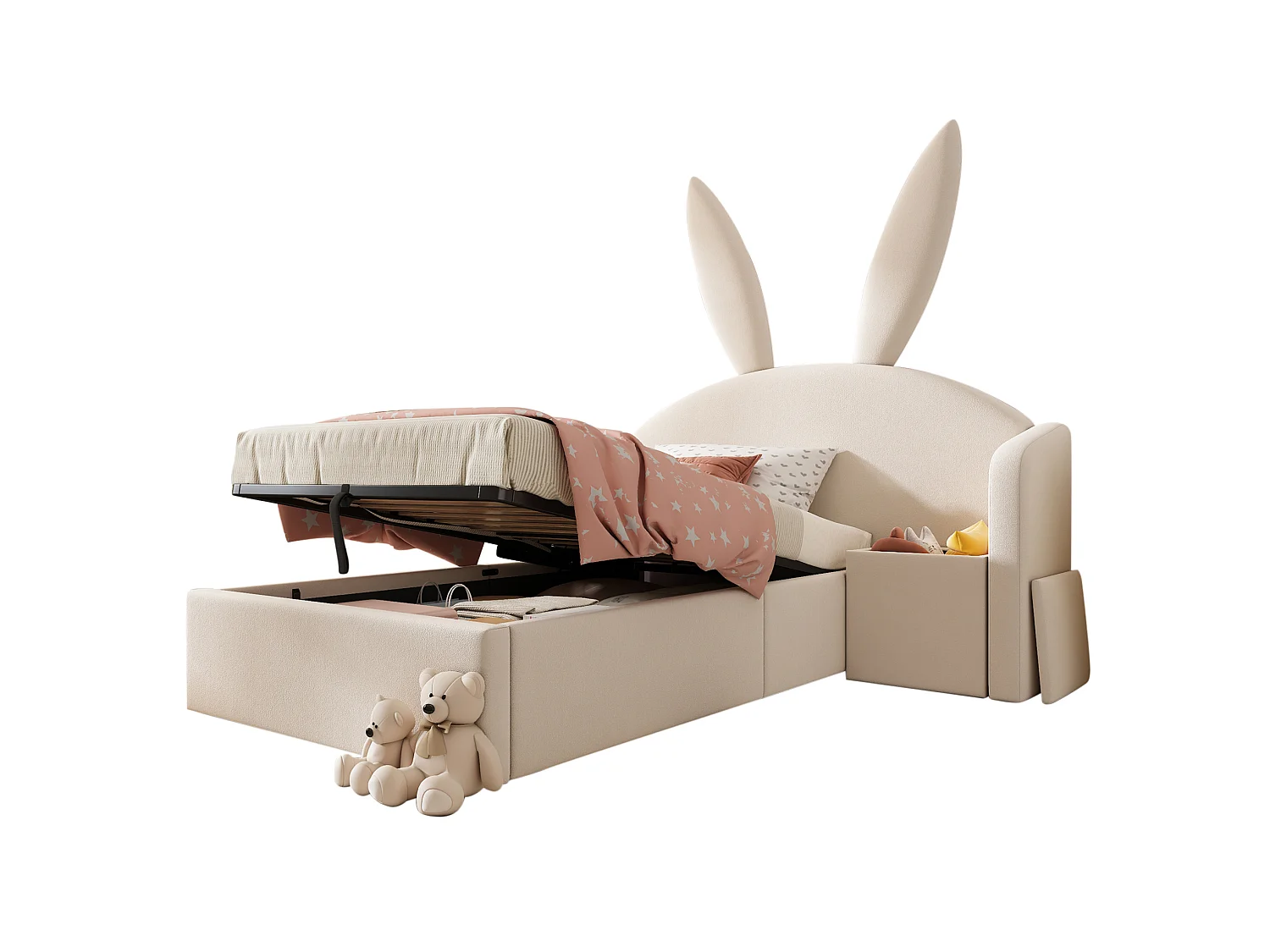 Lit coffre enfant 90x190 cm avec table de chevet - Tête de lit oreilles de lapin - Velours beige
