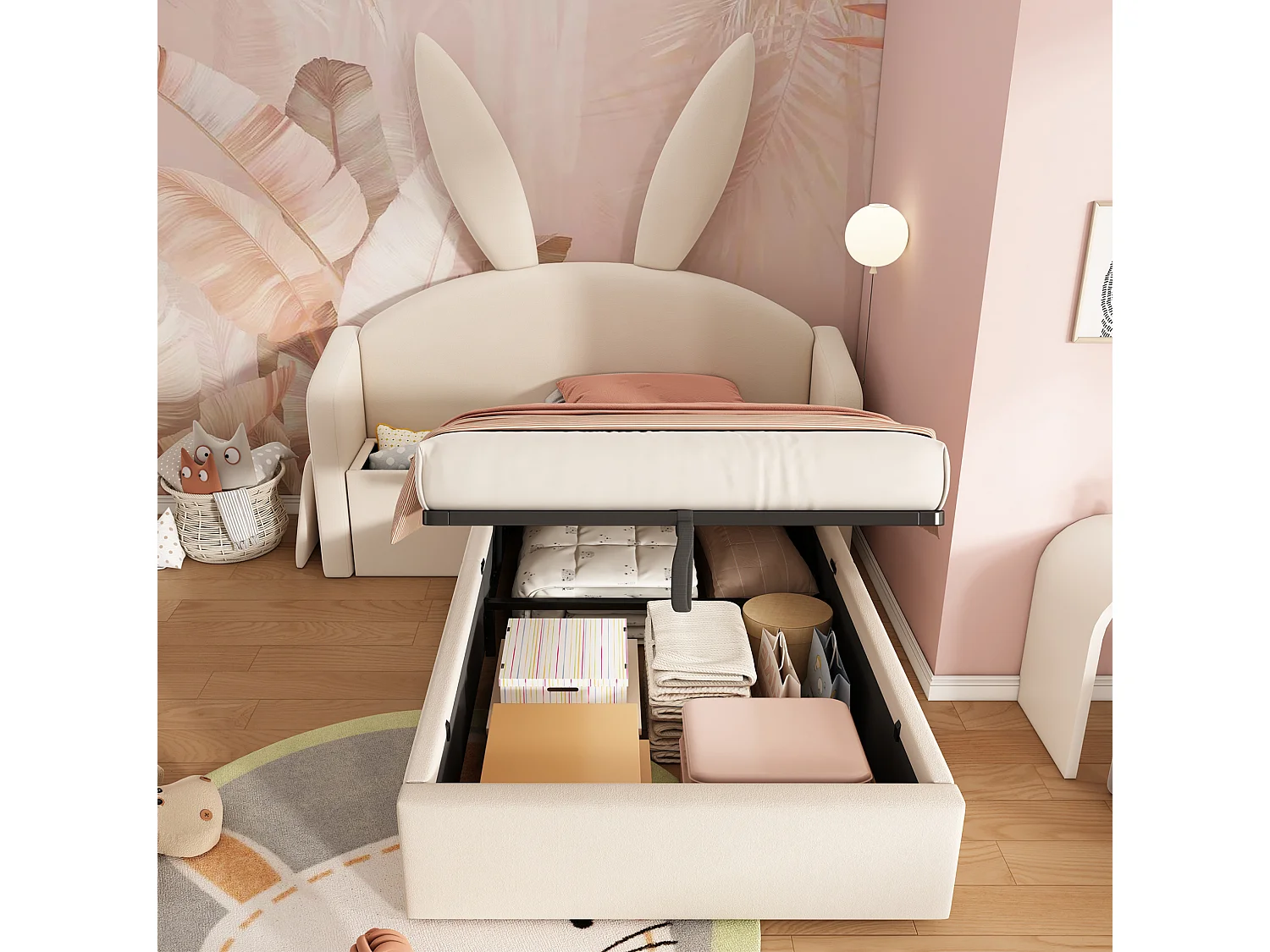 Lit coffre enfant 90x190 cm avec table de chevet - Tête de lit oreilles de lapin - Velours beige