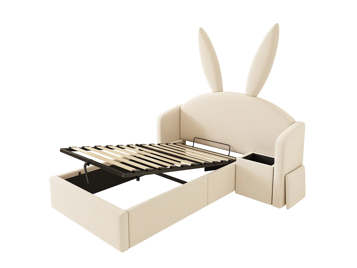 Lit coffre enfant 90x190 cm avec table de chevet - Tête de lit oreilles de lapin - Velours beige