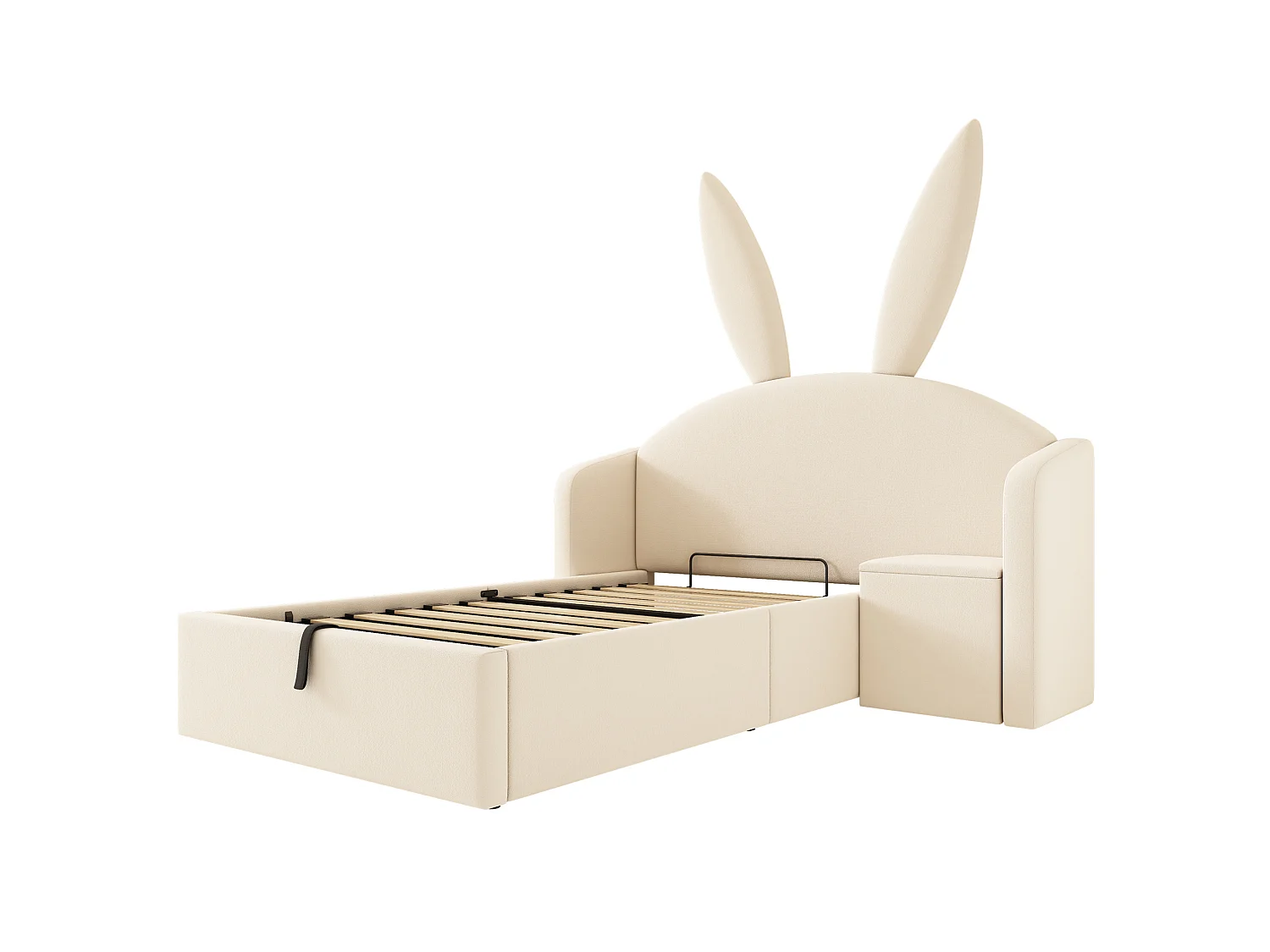 Lit coffre enfant 90x190 cm avec table de chevet - Tête de lit oreilles de lapin - Velours beige