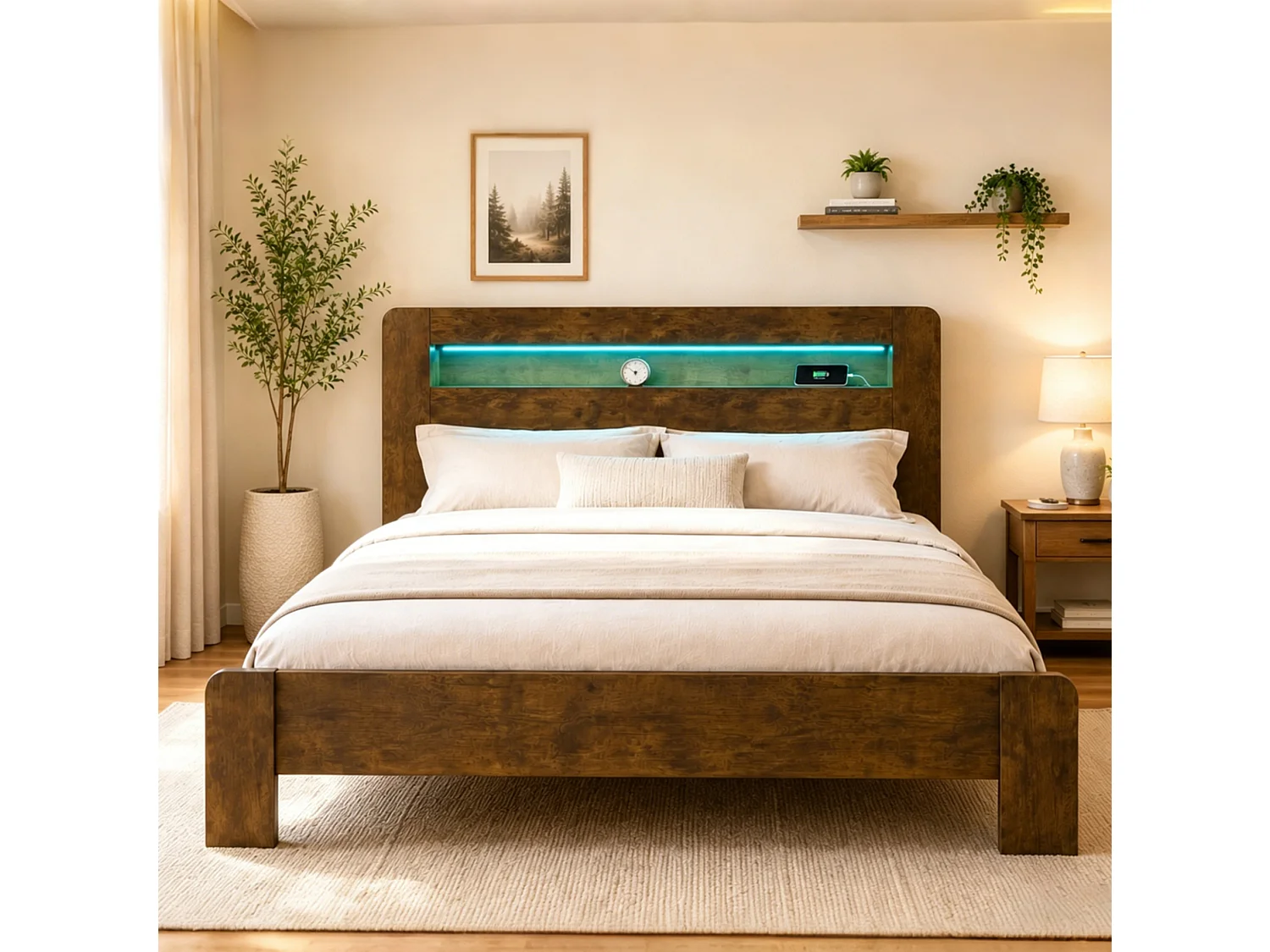 Cama doble para adultos de 180x200 cm con espacio de almacenamiento, LED integrado y enchufes - Color madera oscura