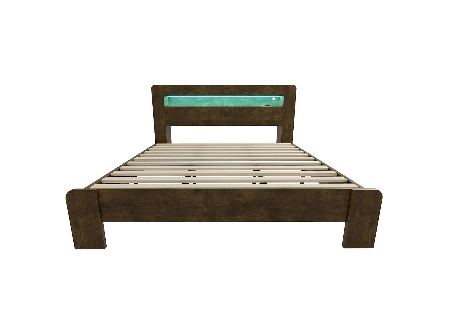 Cama doble para adultos de 180x200 cm con espacio de almacenamiento, LED integrado y enchufes - Color madera oscura