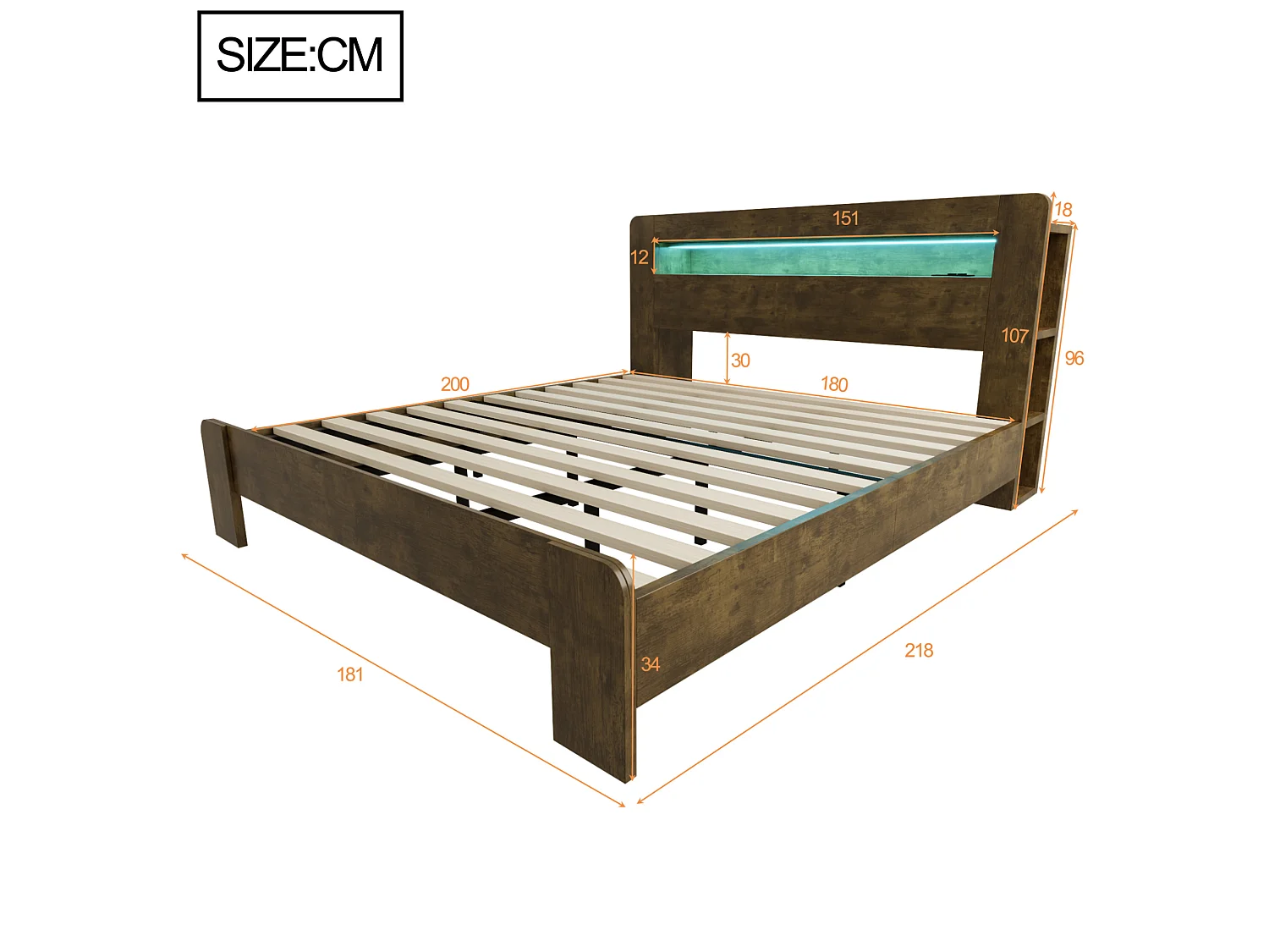 Cama doble para adultos de 180x200 cm con espacio de almacenamiento, LED integrado y enchufes - Color madera oscura