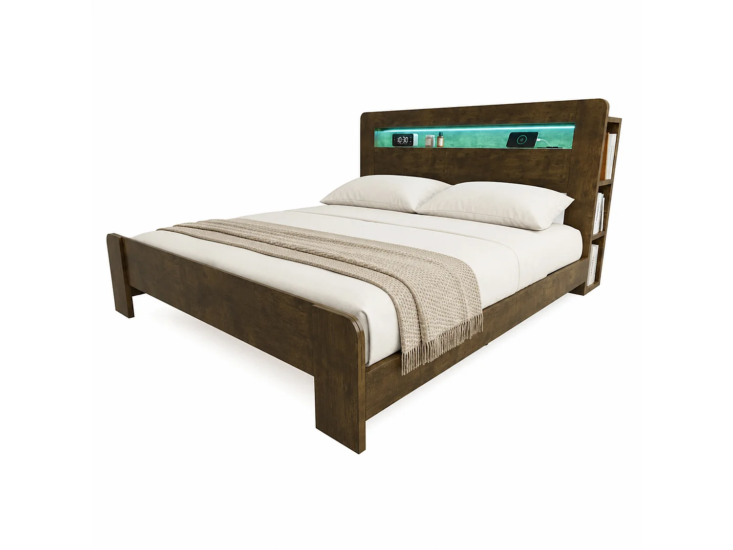 Cama doble para adultos de 180x200 cm con espacio de almacenamiento, LED integrado y enchufes - Color madera oscura