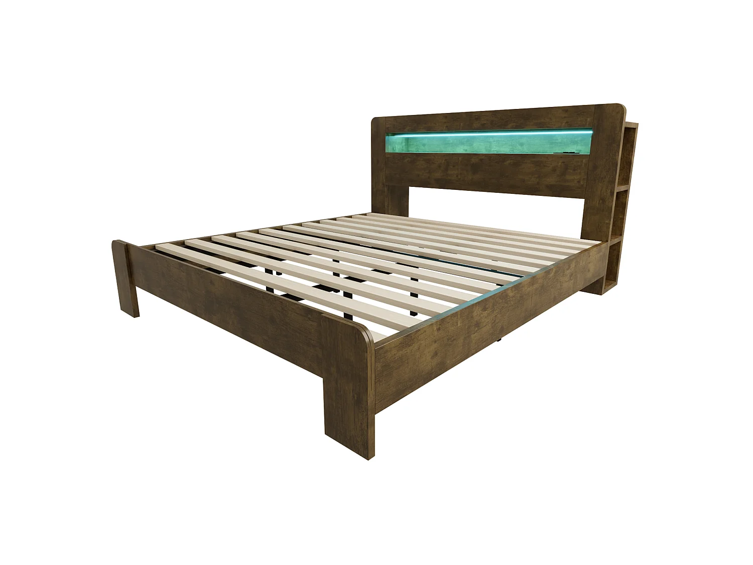 Cama doble para adultos de 180x200 cm con espacio de almacenamiento, LED integrado y enchufes - Color madera oscura
