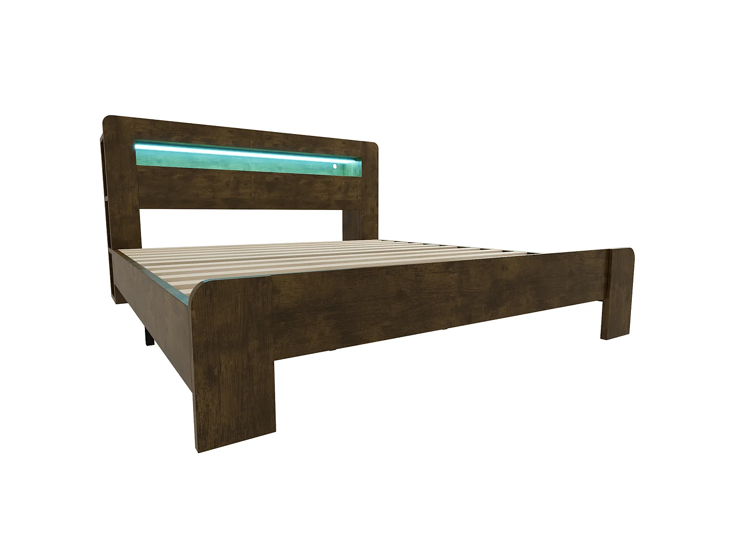 Cama doble para adultos de 180x200 cm con espacio de almacenamiento, LED integrado y enchufes - Color madera oscura