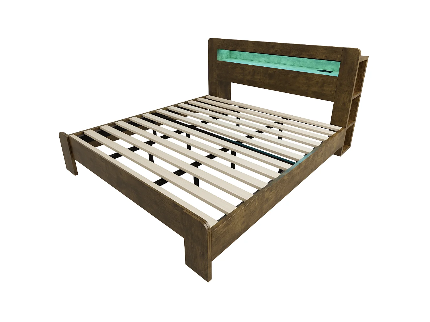Cama doble para adultos de 180x200 cm con espacio de almacenamiento, LED integrado y enchufes - Color madera oscura