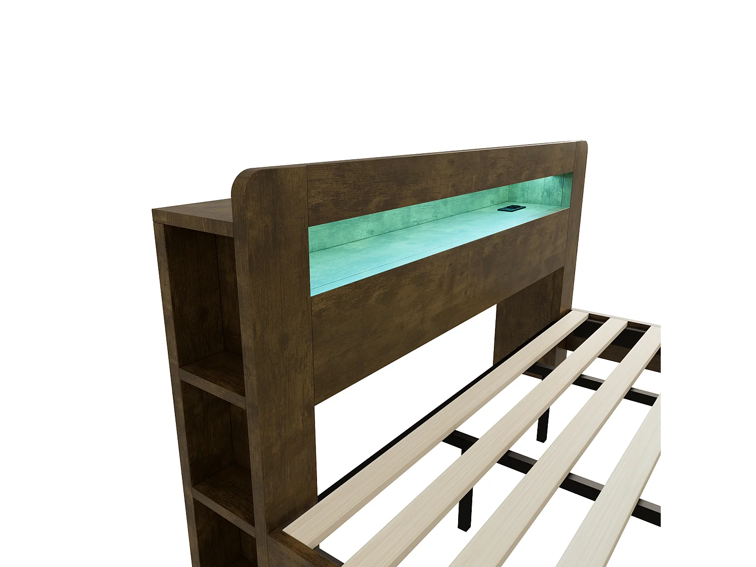 Cama doble para adultos de 180x200 cm con espacio de almacenamiento, LED integrado y enchufes - Color madera oscura