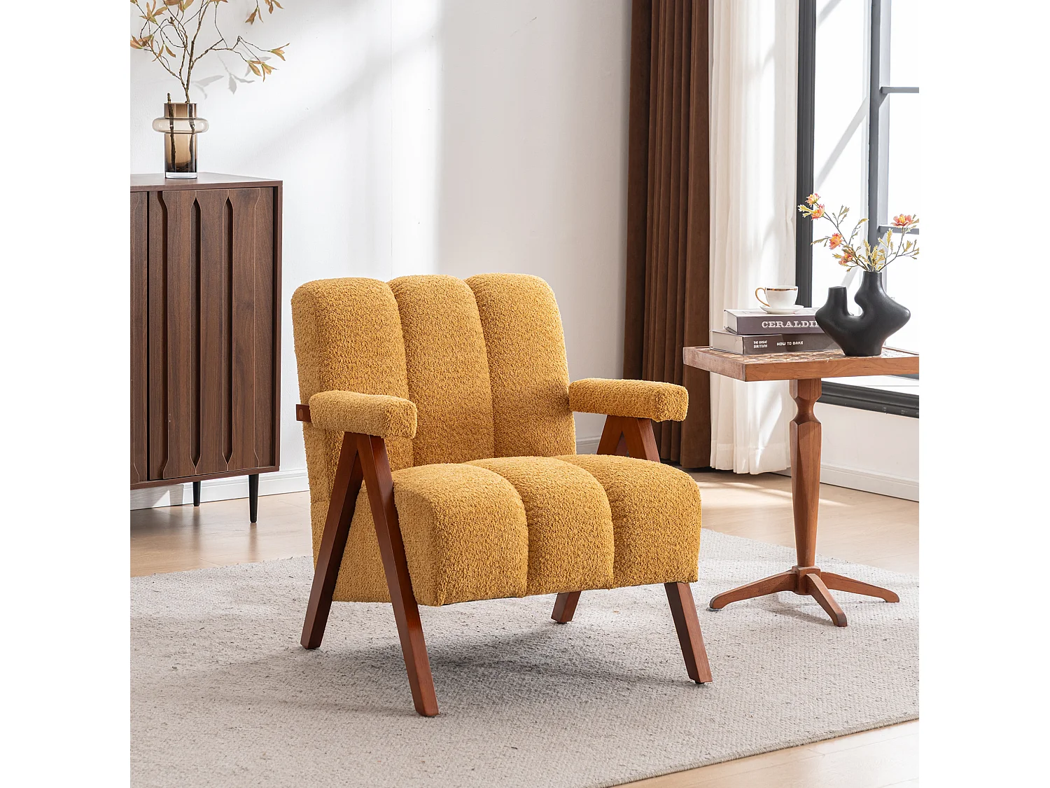 Fauteuil en tissu bouclé avec accoudoirs - Cadre en bois - Jaune