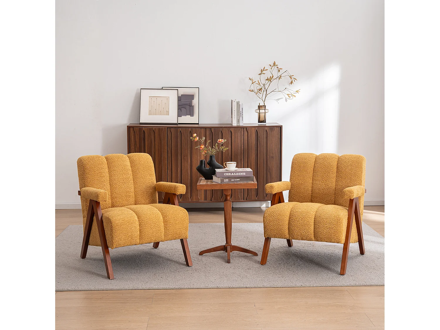 Fauteuil en tissu bouclé avec accoudoirs - Cadre en bois - Jaune